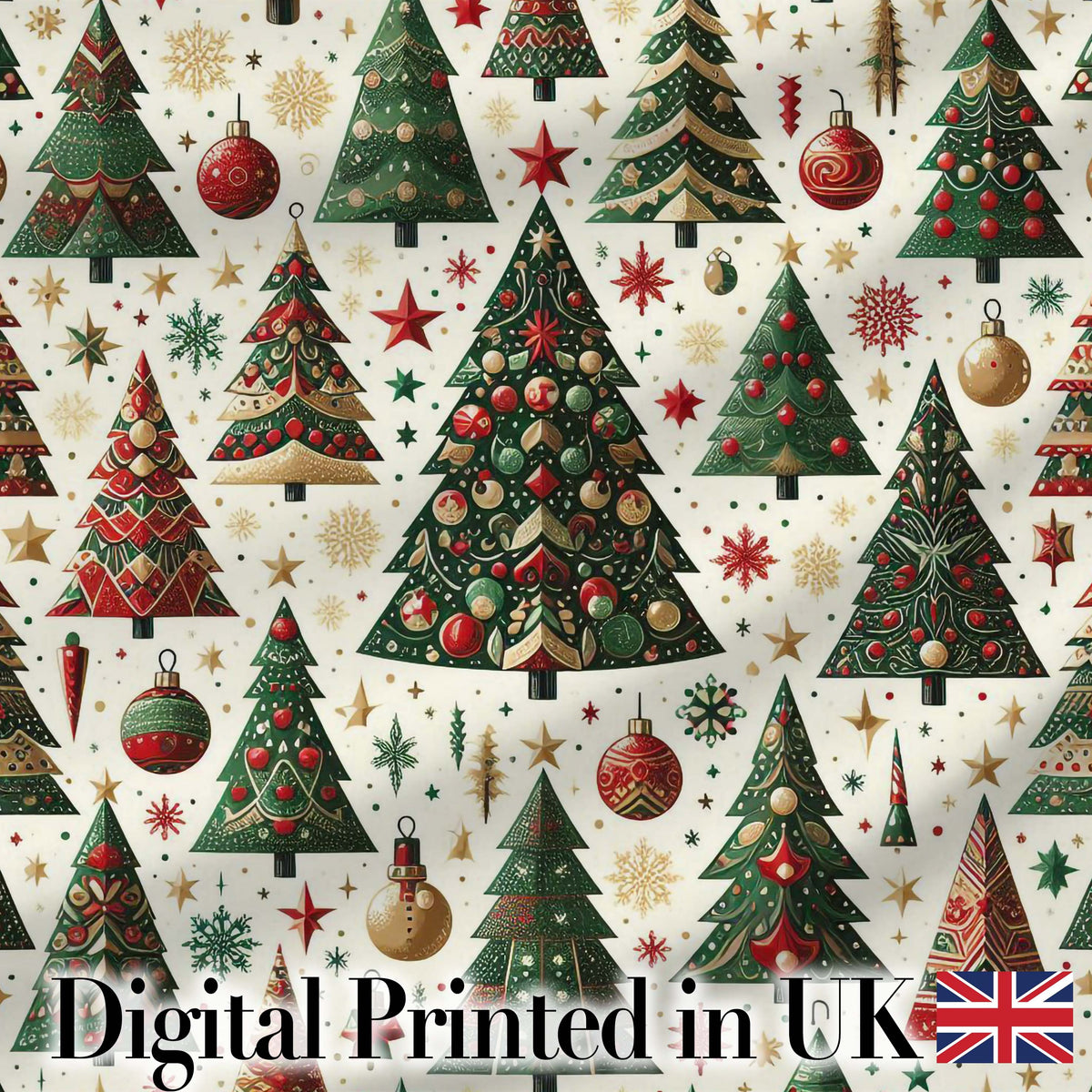 Classic Christmas Tree Ornaments and Festive Decor Seamless Pattern Digital Print Fabric by the Metre UK Sewing Quilting Textile