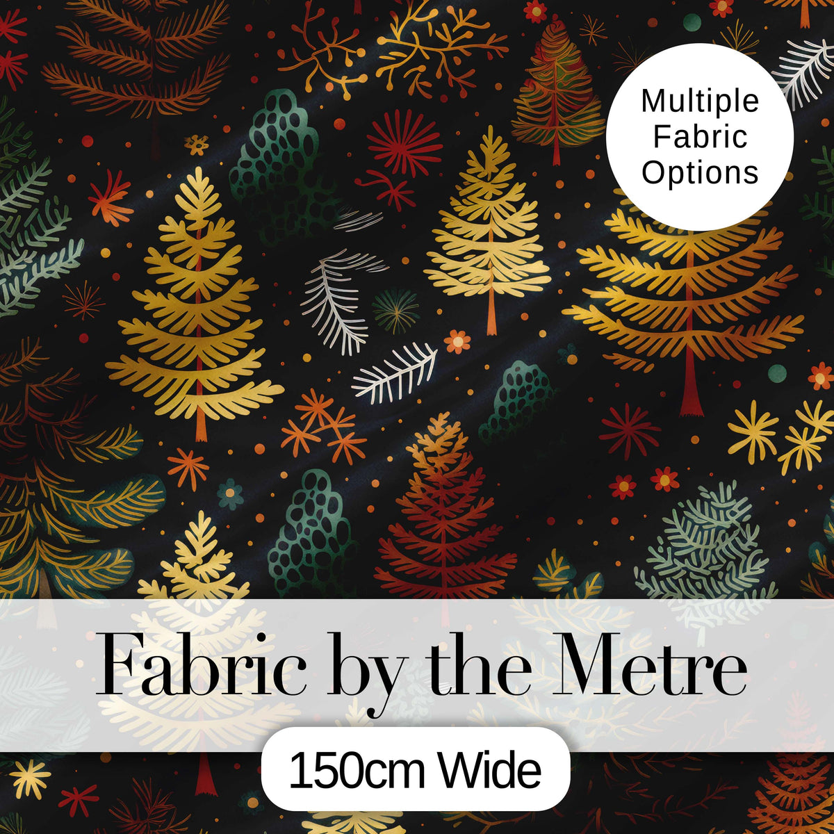 Modern Scandinavian Winter Trees in Gold and Dark Background Seamless Pattern Digital Print Fabric by the Metre UK Sewing Quilting Textile