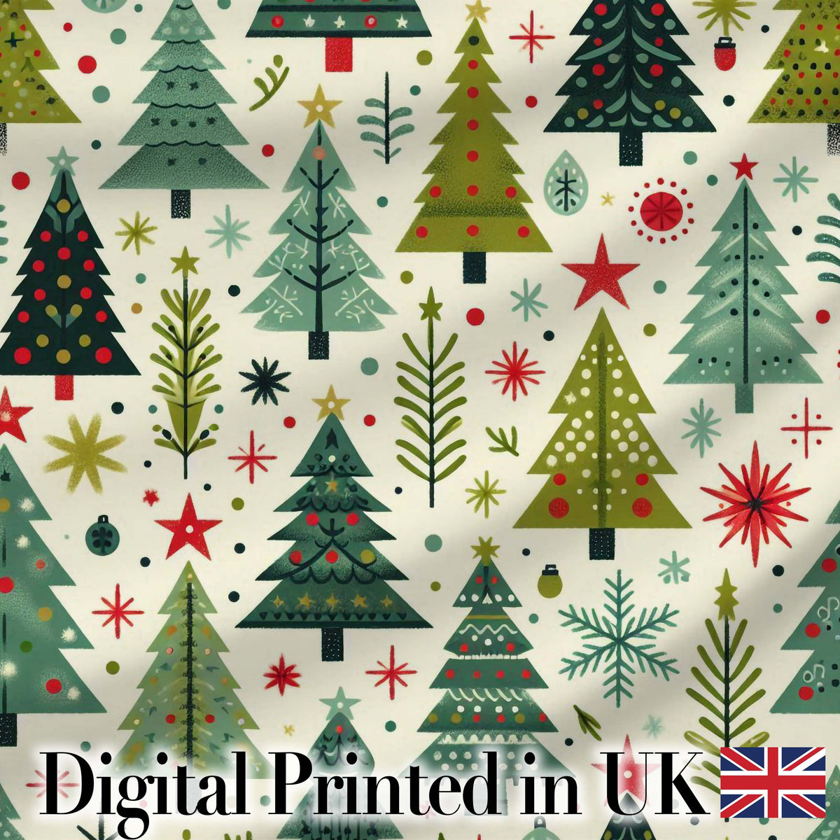 Scandinavian Christmas Trees with Stars Snowflakes and Festive Elements Digital Print Fabric by the Metre UK Sewing Quilting Textile