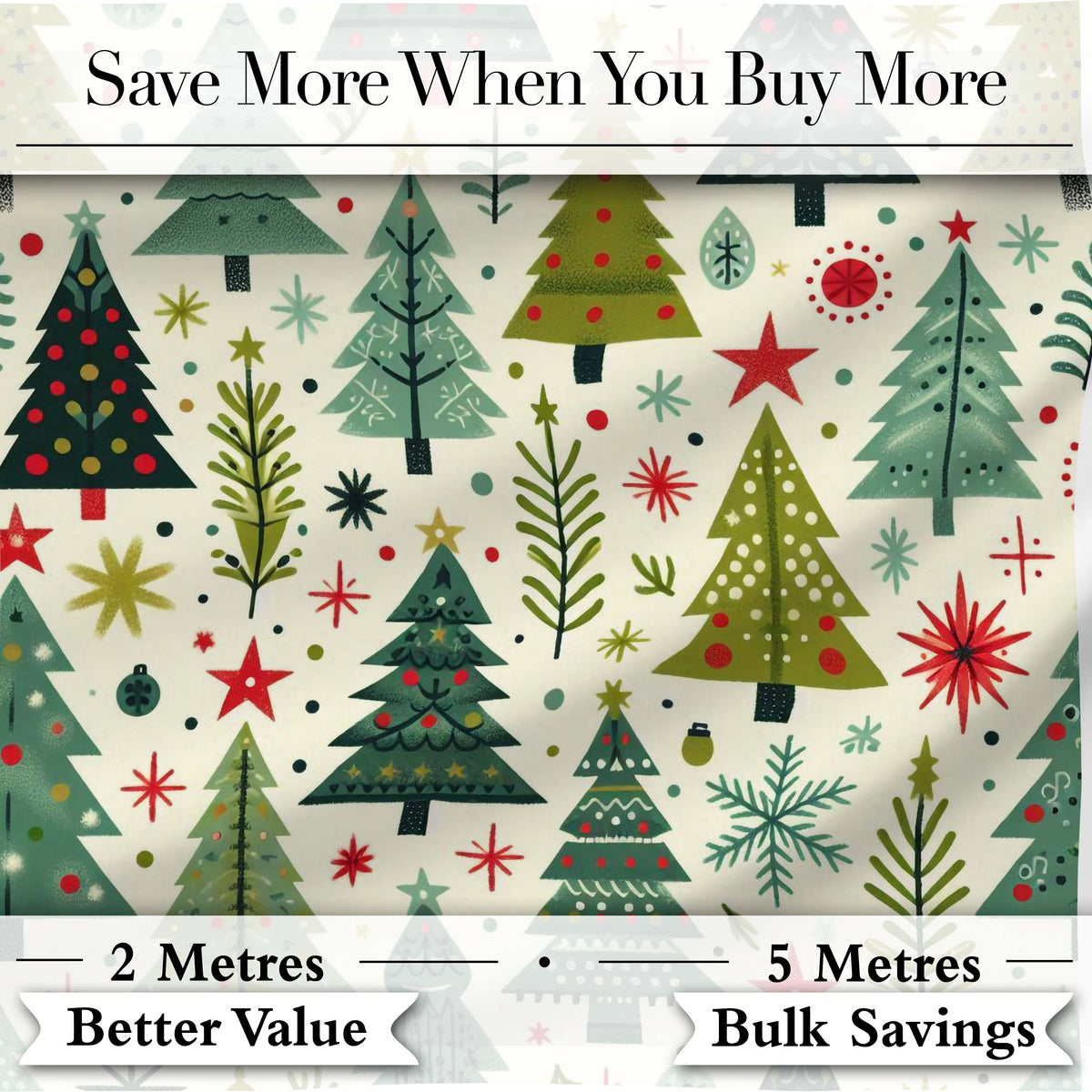 Scandinavian Christmas Trees with Stars Snowflakes and Festive Elements Digital Print Fabric by the Metre UK Sewing Quilting Textile