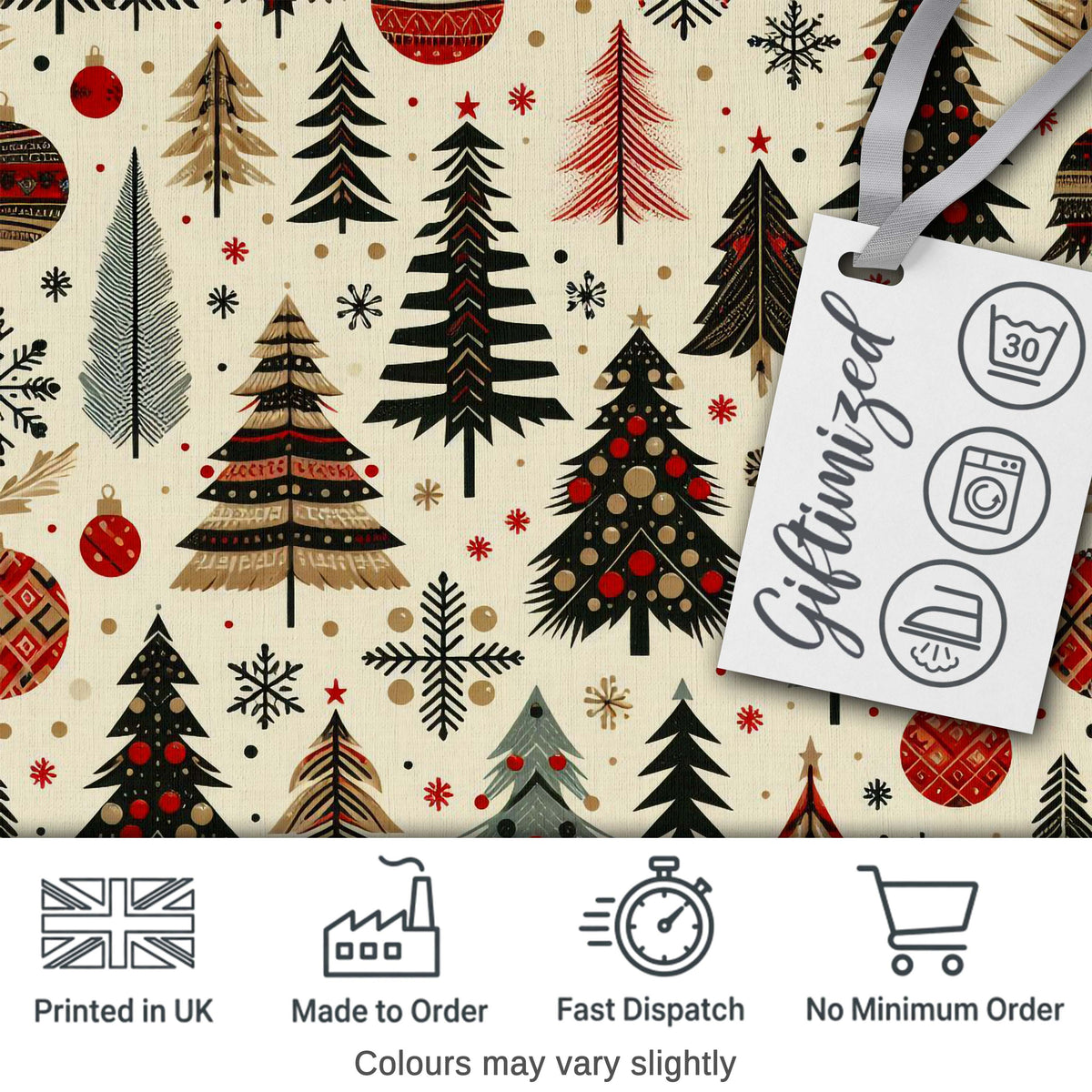 Modern Minimal Christmas Trees with Black Gold Red Accents Seamless Pattern Digital Print Fabric by the Metre UK Sewing Quilting Textile