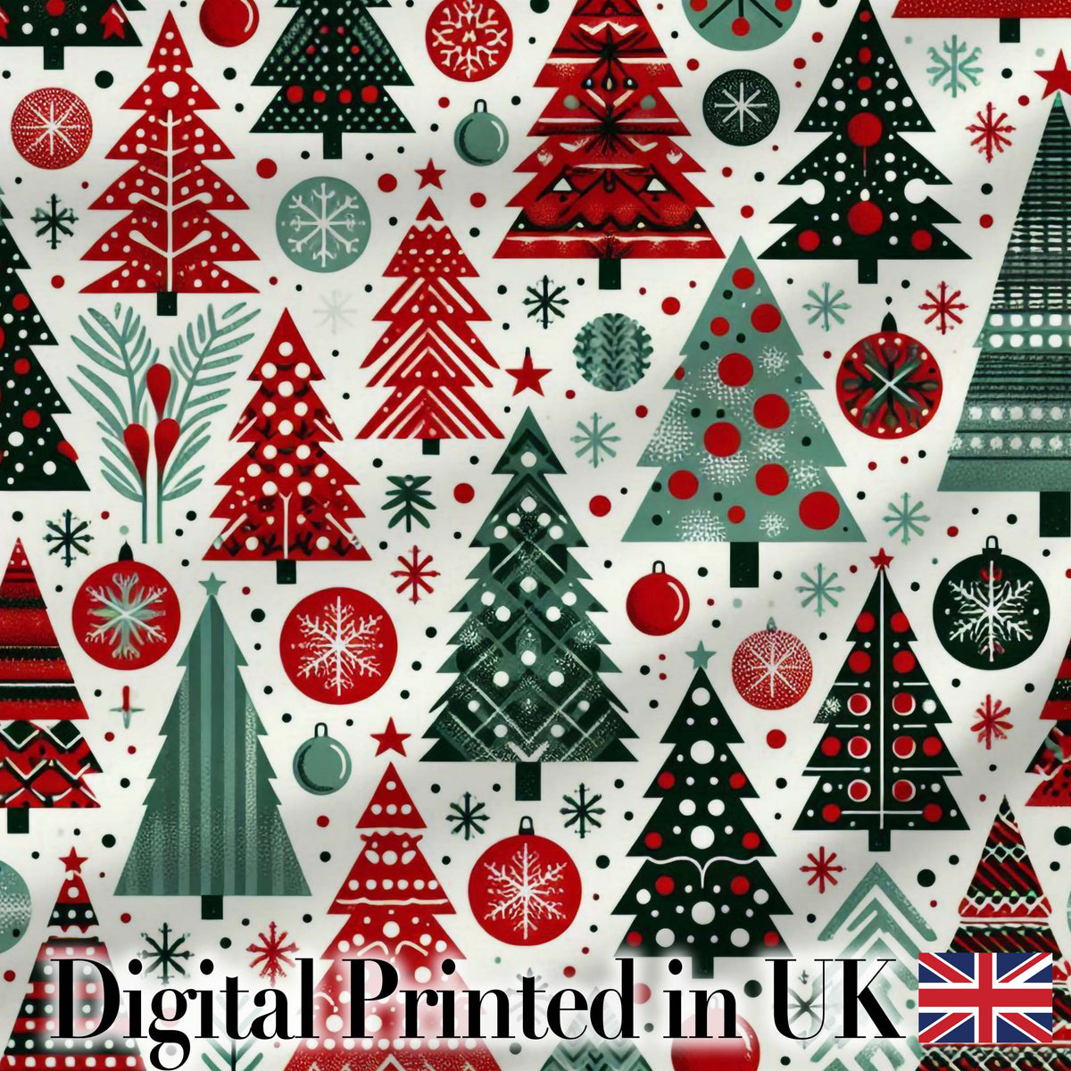 Festive Red Green Christmas Trees with Snowflakes and Baubles Seamless Pattern Digital Print Fabric by the Metre UK Sewing Quilting Textile