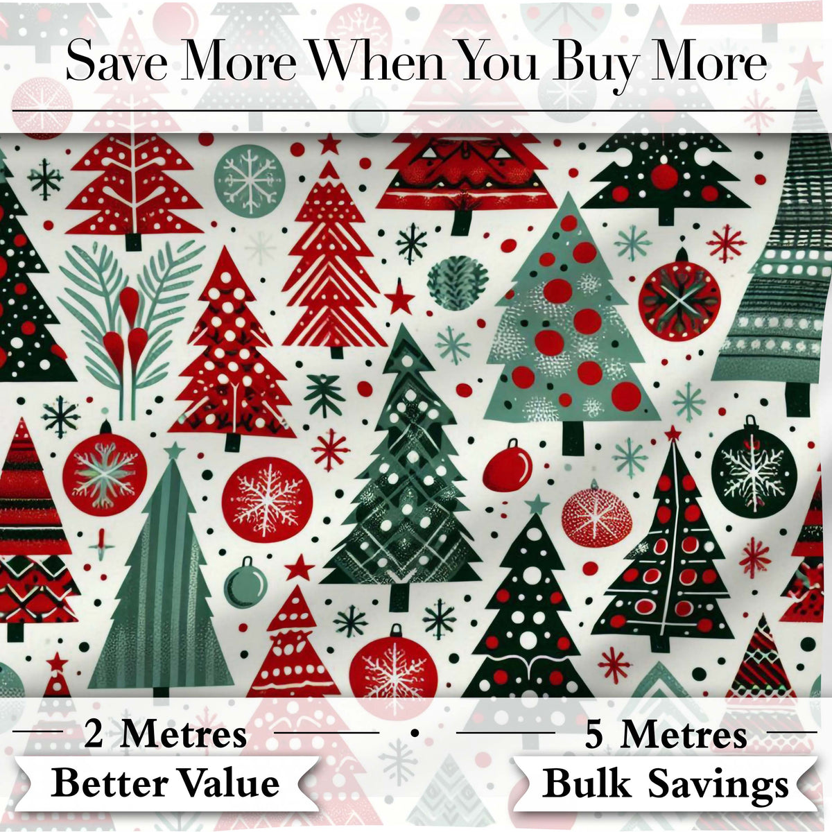 Festive Red Green Christmas Trees with Snowflakes and Baubles Seamless Pattern Digital Print Fabric by the Metre UK Sewing Quilting Textile
