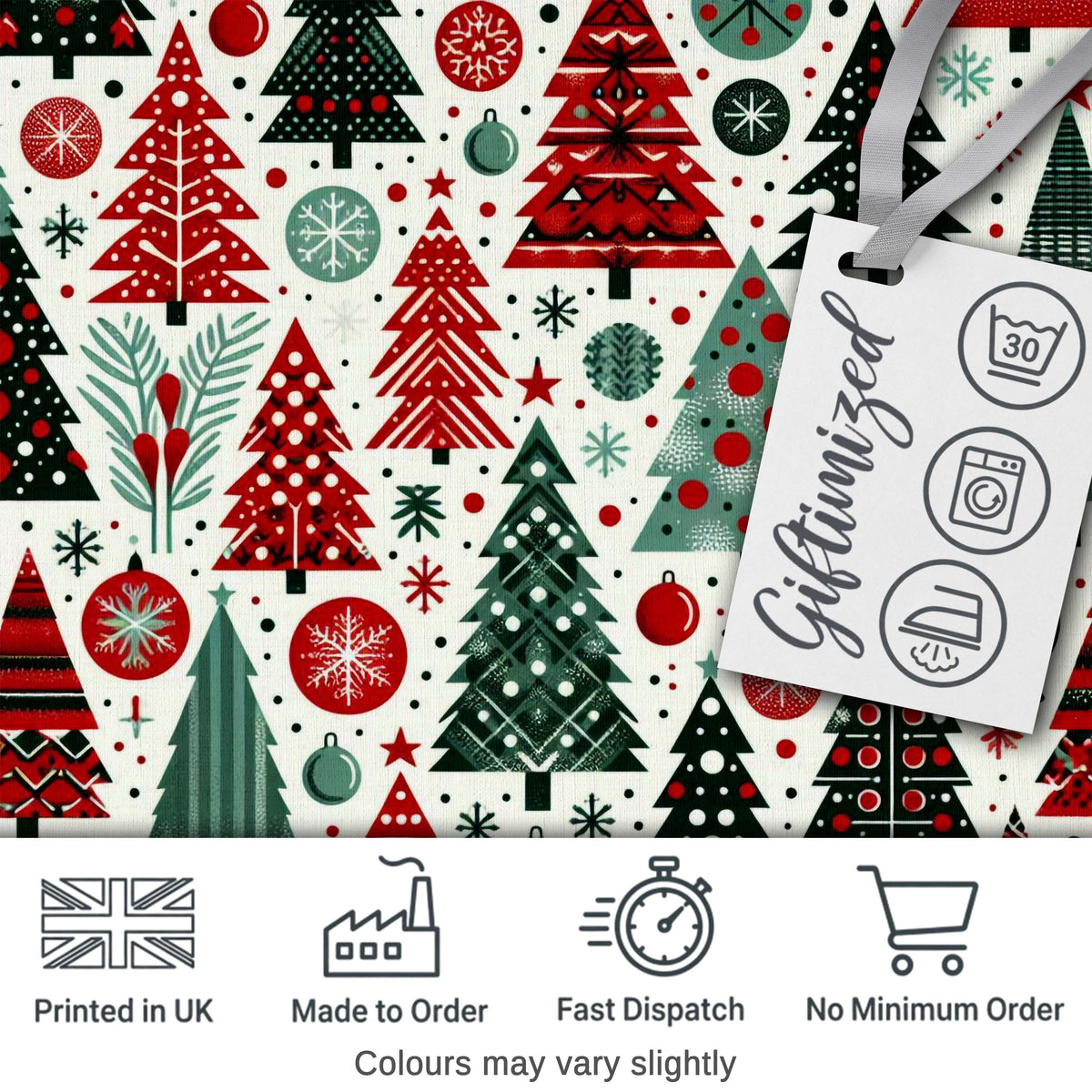 Festive Red Green Christmas Trees with Snowflakes and Baubles Seamless Pattern Digital Print Fabric by the Metre UK Sewing Quilting Textile