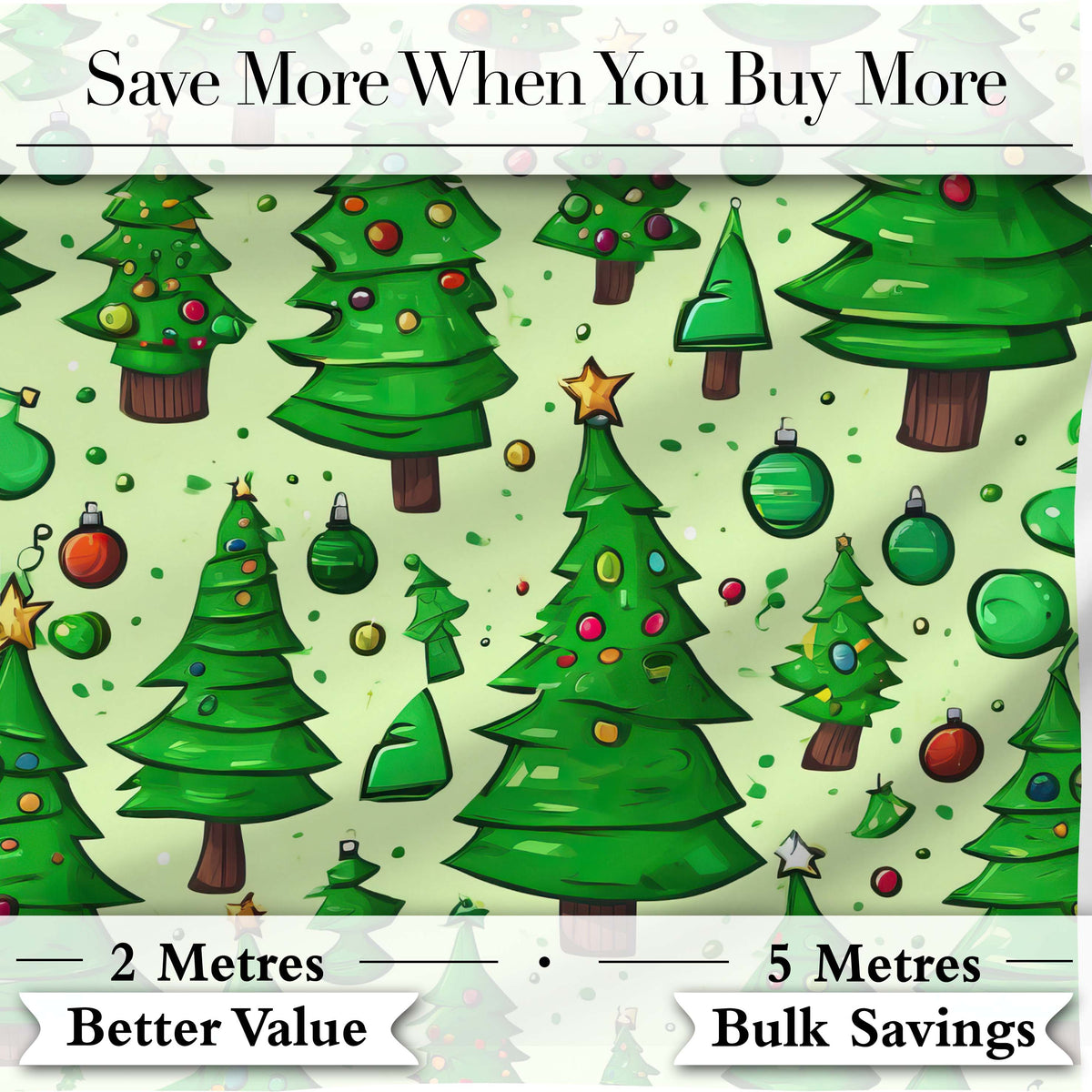 Cartoon Style Christmas Trees with Ornaments and Stars Cute Seamless Pattern Digital Print Fabric by the Metre UK Sewing Quilting Textile