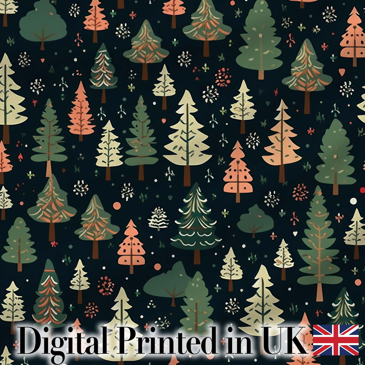 Winter Forest Christmas Trees with Snowflakes on Dark Background Digital Print Fabric by the Metre UK Sewing Quilting Textile