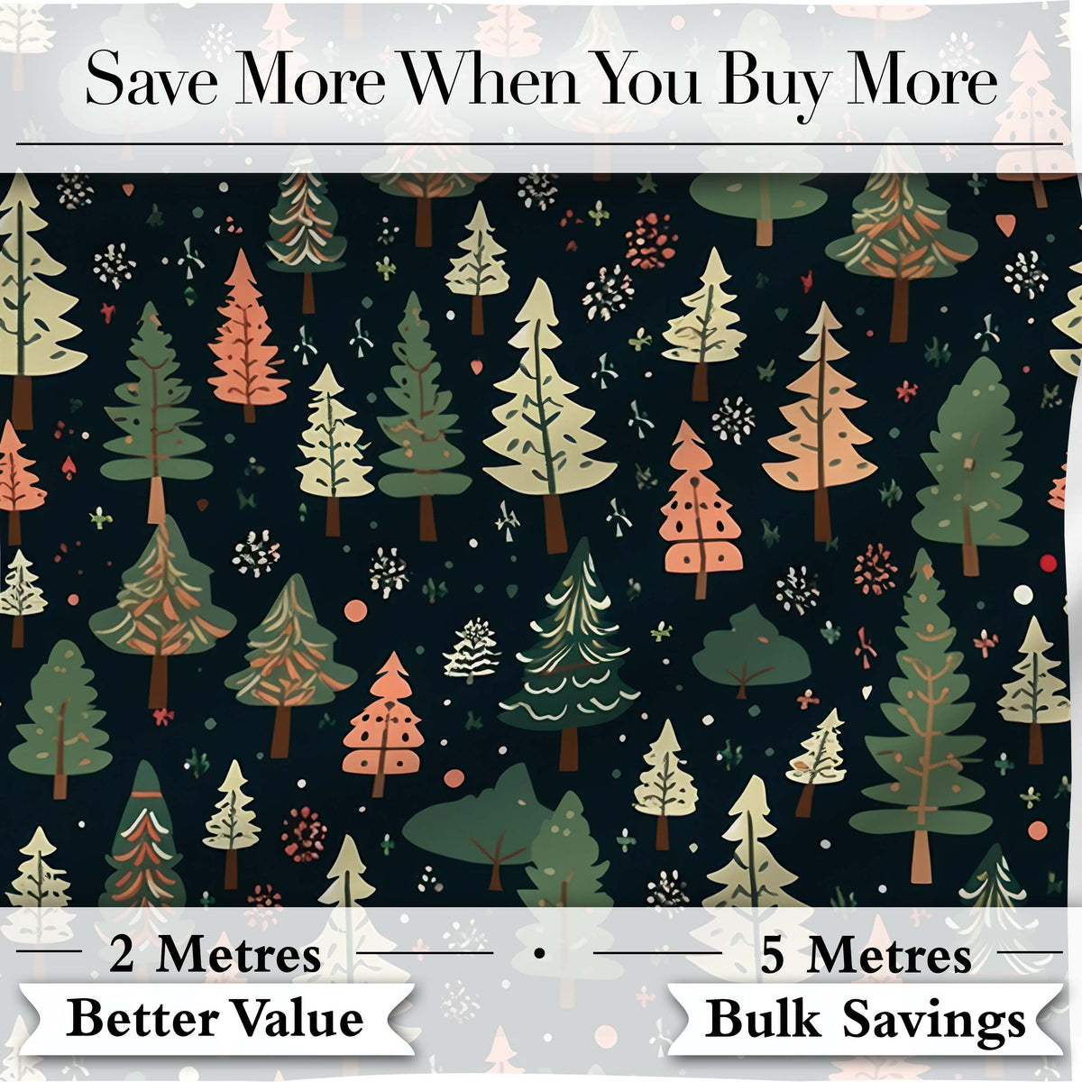 Winter Forest Christmas Trees with Snowflakes on Dark Background Digital Print Fabric by the Metre UK Sewing Quilting Textile