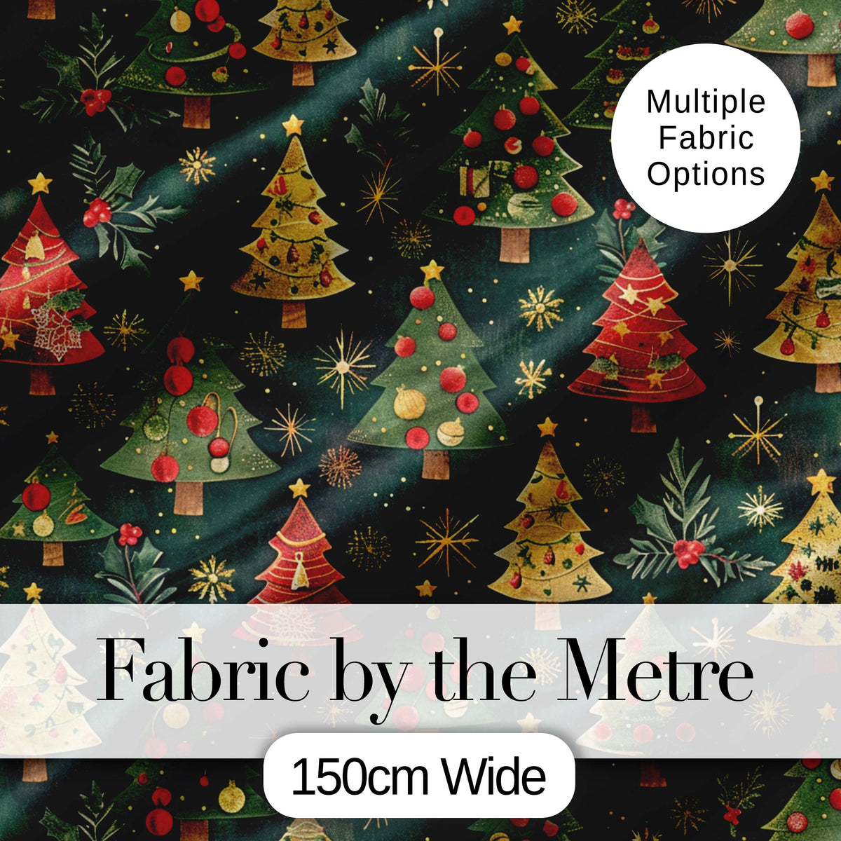 Vintage Christmas Trees with Red Gold Ornaments and Festive Stars Digital Print Fabric by the Metre UK Sewing Quilting Textile