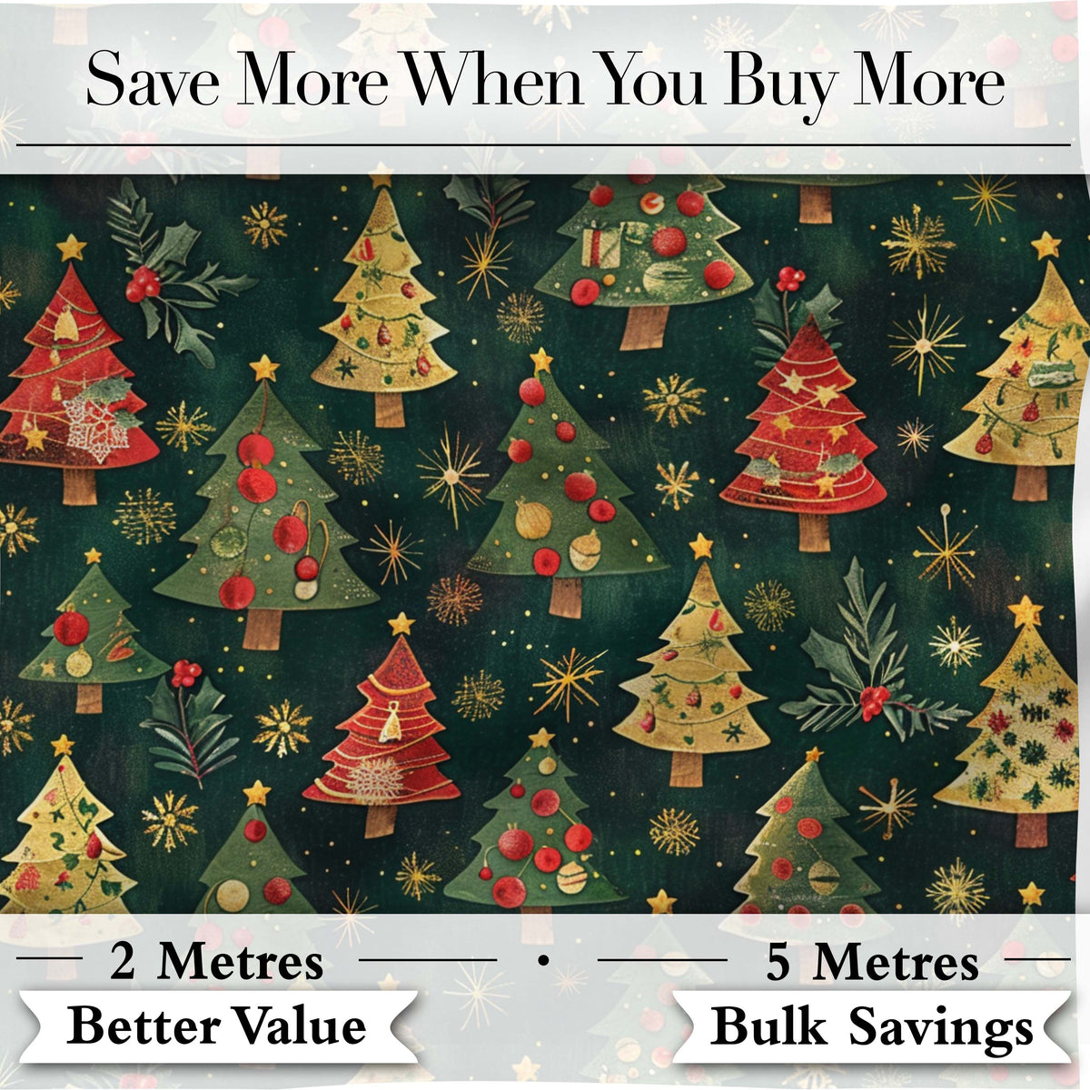 Vintage Christmas Trees with Red Gold Ornaments and Festive Stars Digital Print Fabric by the Metre UK Sewing Quilting Textile