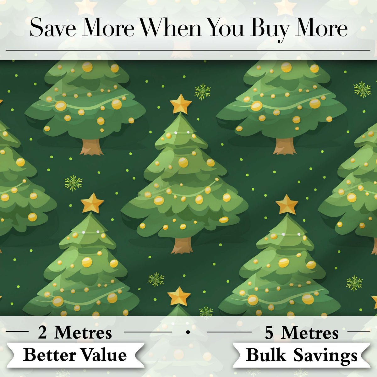 Cartoon Christmas Trees with Golden Baubles and Stars Cute Seamless Pattern Digital Print Fabric by the Metre UK Sewing Quilting Textile