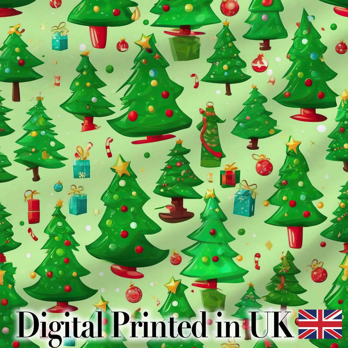 Bright Green Christmas Trees with Gifts Candy Canes and Ornaments Digital Print Fabric by the Metre UK Sewing Quilting Textile