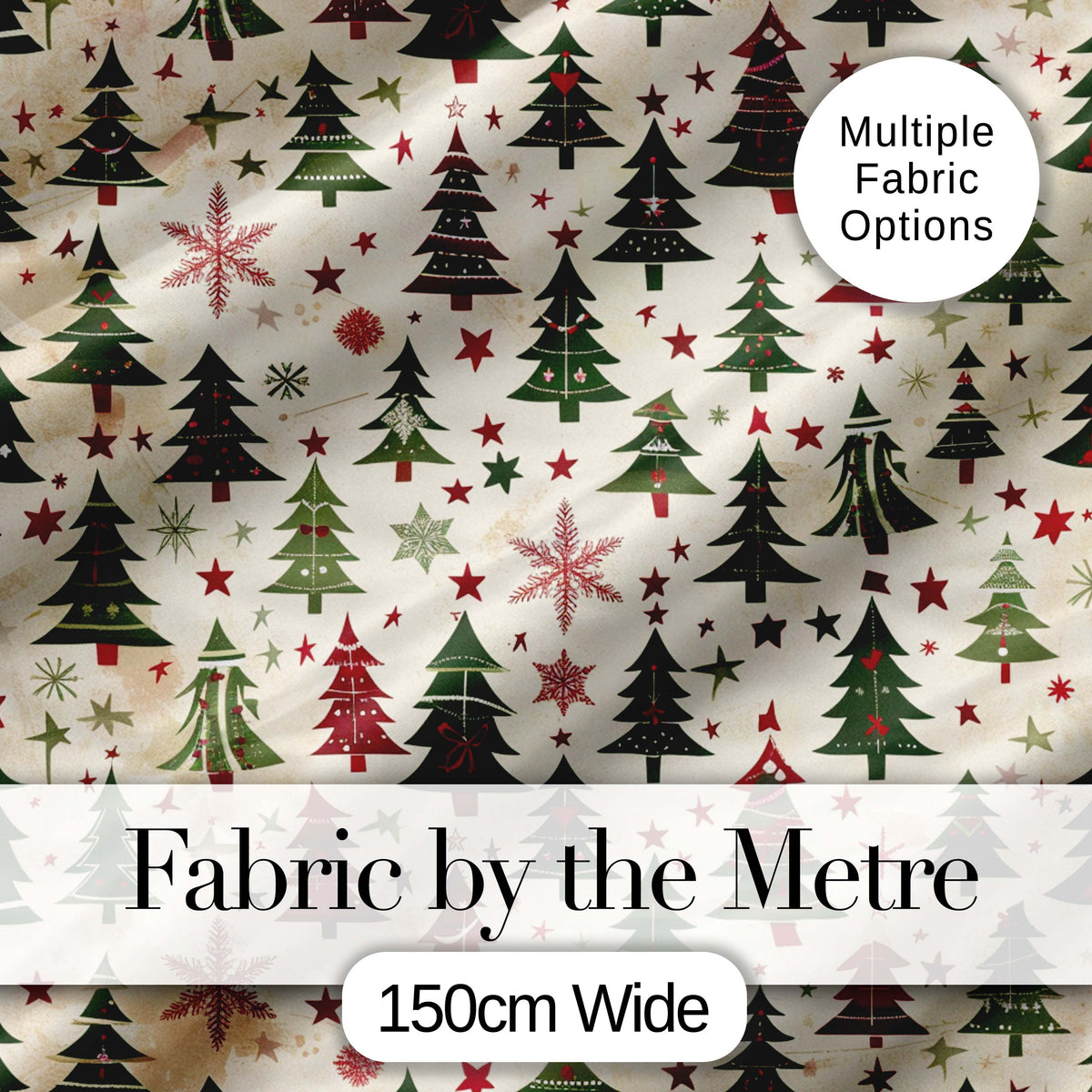 Classic Holiday Trees with Red Stars and Snowflakes Vintage Seamless Pattern Digital Print Fabric by the Metre UK Sewing Quilting Textile