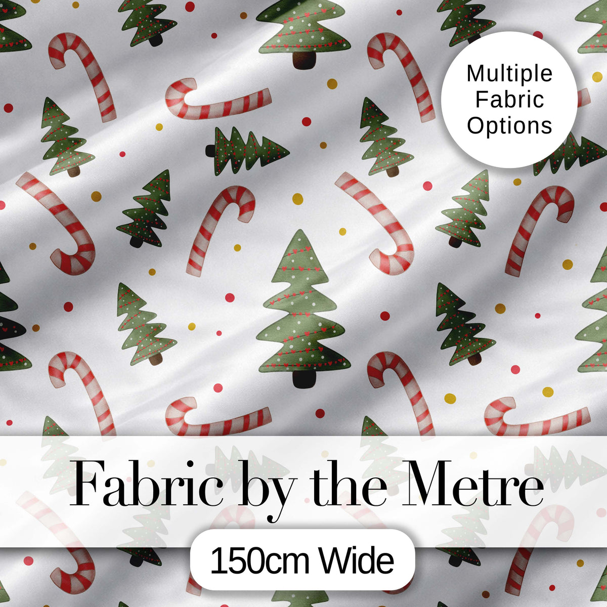 Christmas Trees Candy Canes Snowflakes Holiday Seamless Pattern Digital Print Fabric by the Metre UK Sewing Quilting Textile