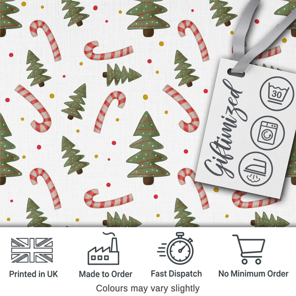 Christmas Trees Candy Canes Snowflakes Holiday Seamless Pattern Digital Print Fabric by the Metre UK Sewing Quilting Textile