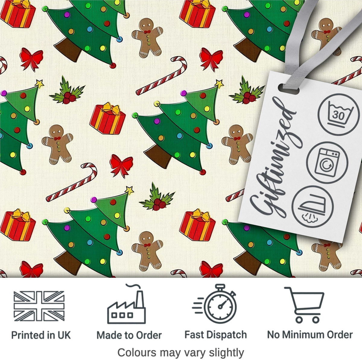 Cute Christmas Trees with Gingerbread Candy Canes and Gifts Seamless Pattern Digital Print Fabric by the Metre UK Sewing Quilting Textile