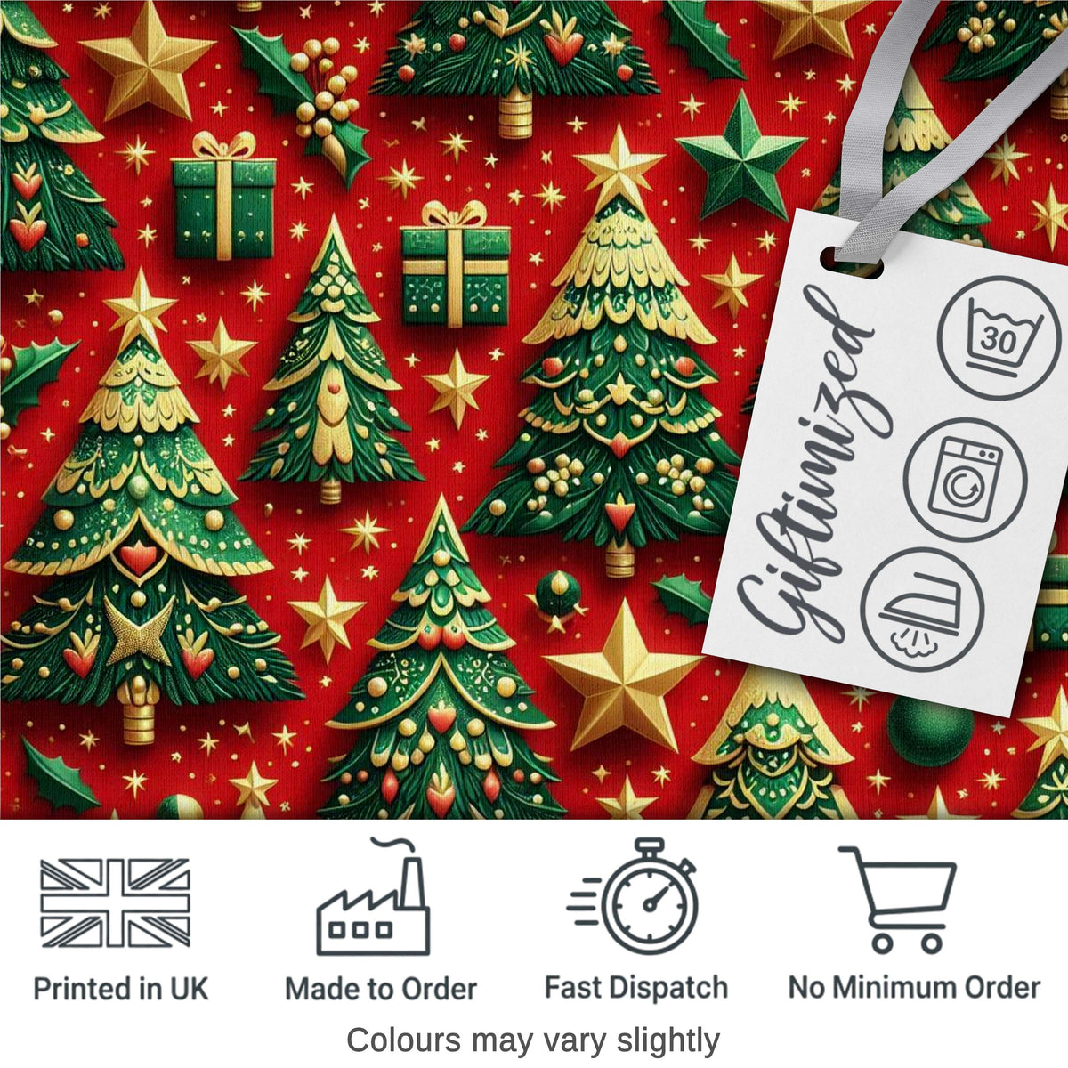 Luxury Christmas Trees with Gold Stars Gifts and Ornaments on Red Digital Print Fabric by the Metre UK Sewing Quilting Textile