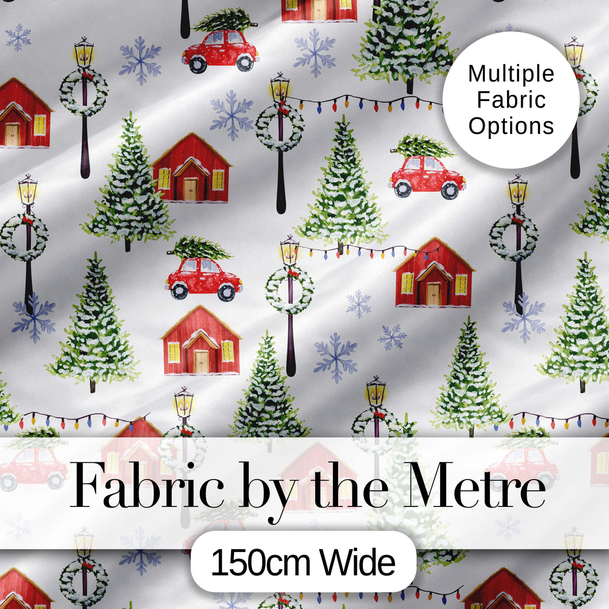 Watercolor Christmas Village with Red Houses Cars and Snowy Trees Digital Print Fabric by the Metre UK Sewing Quilting Textile