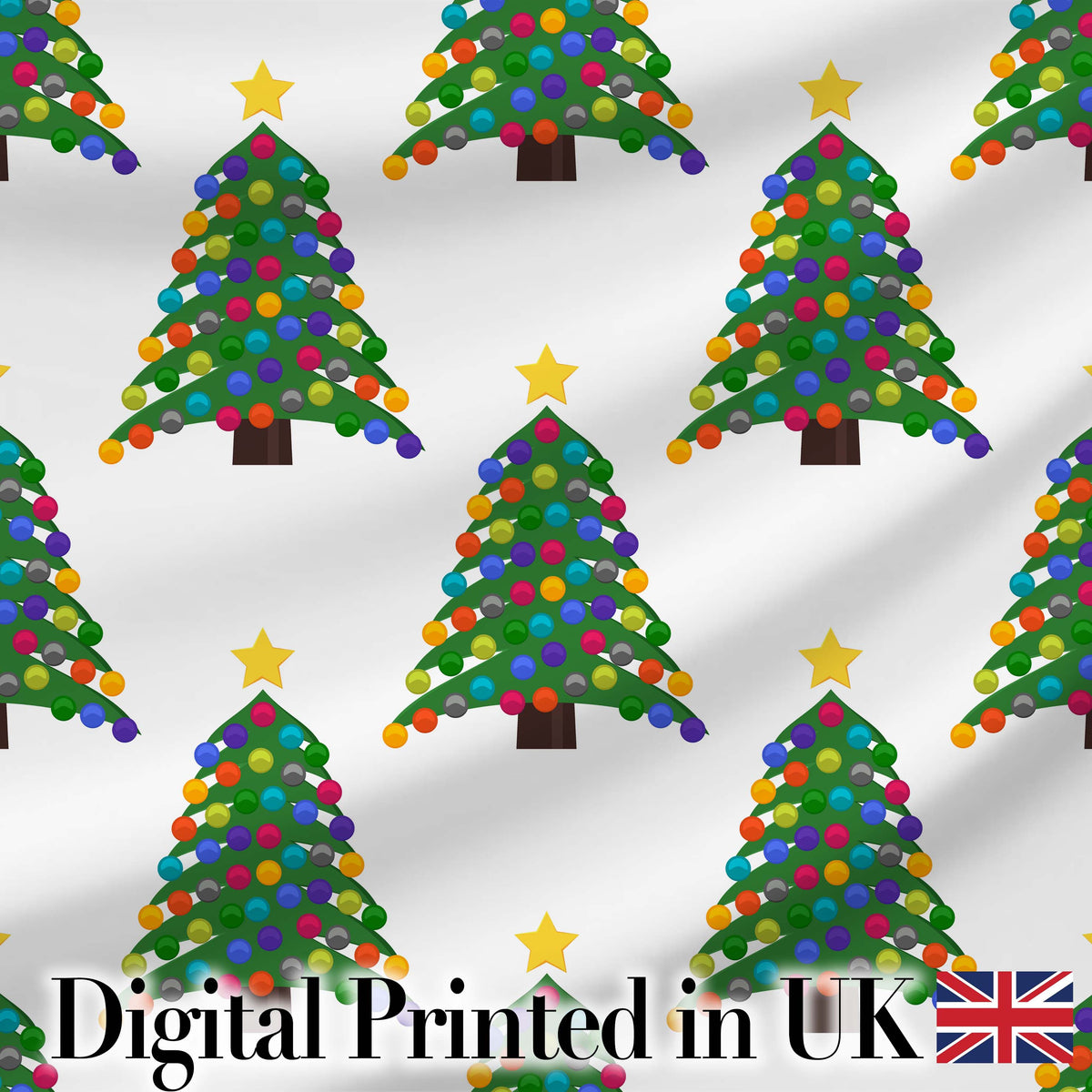 Bright Christmas Trees with Multicolor Ornaments and Stars Seamless Pattern Digital Print Fabric by the Metre UK Sewing Quilting Textile