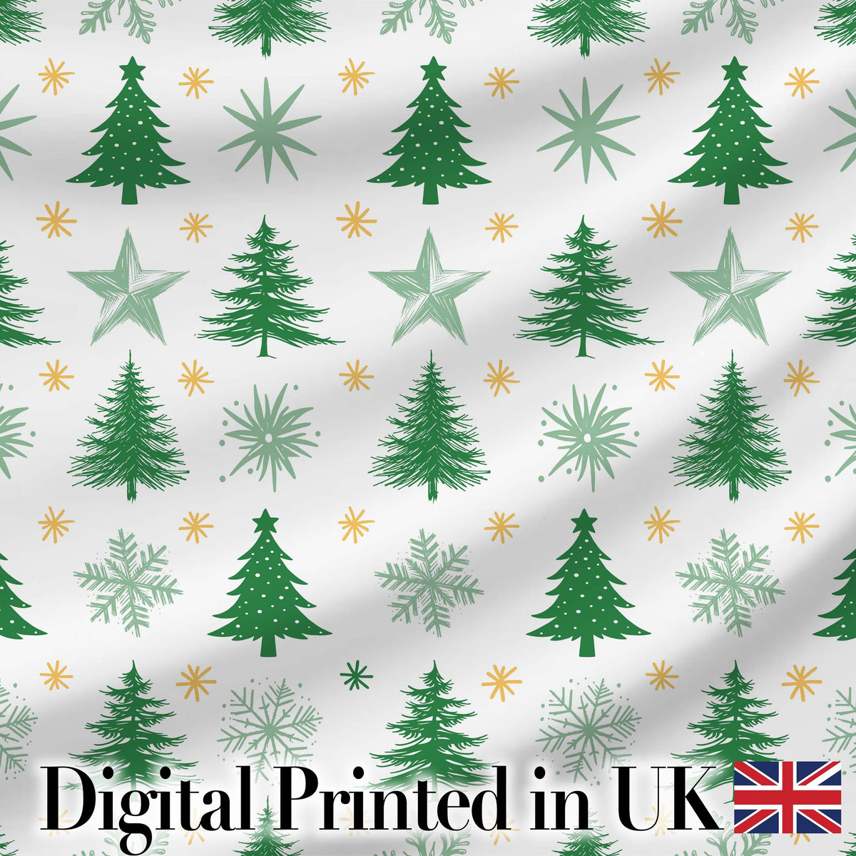 Minimal Green Christmas Trees with Snowflakes and Stars Seamless Pattern Digital Print Fabric by the Metre UK Sewing Quilting Textile