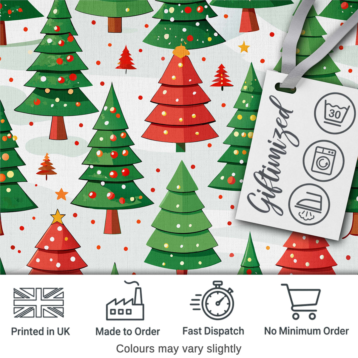 Cute Christmas Trees in Red and Green with Falling Snow Seamless Pattern Digital Print Fabric by the Metre UK Sewing Quilting Textile