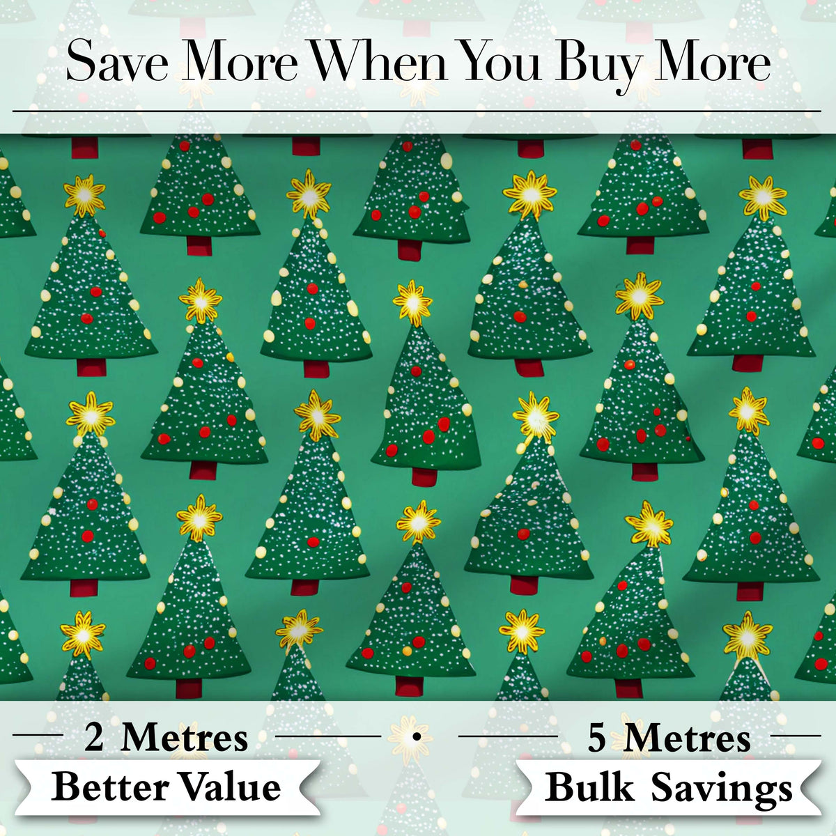Festive Christmas Trees with Golden Star Toppers and Snow Dots Seamless Pattern Digital Print Fabric by the Metre UK Sewing Quilting Textile