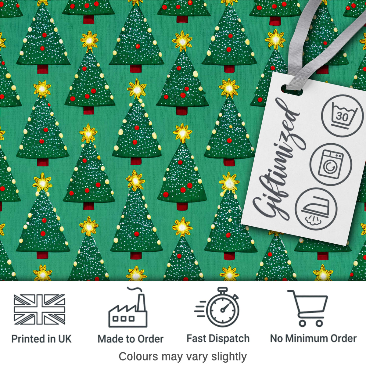 Festive Christmas Trees with Golden Star Toppers and Snow Dots Seamless Pattern Digital Print Fabric by the Metre UK Sewing Quilting Textile