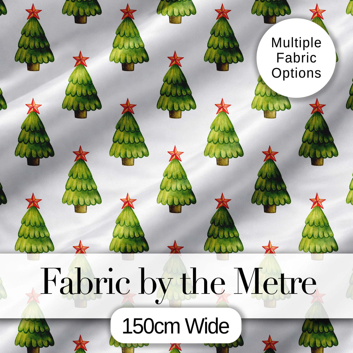 Watercolor Christmas Trees with Red Star Toppers Minimal Seamless Pattern Digital Print Fabric by the Metre UK Sewing Quilting Textile
