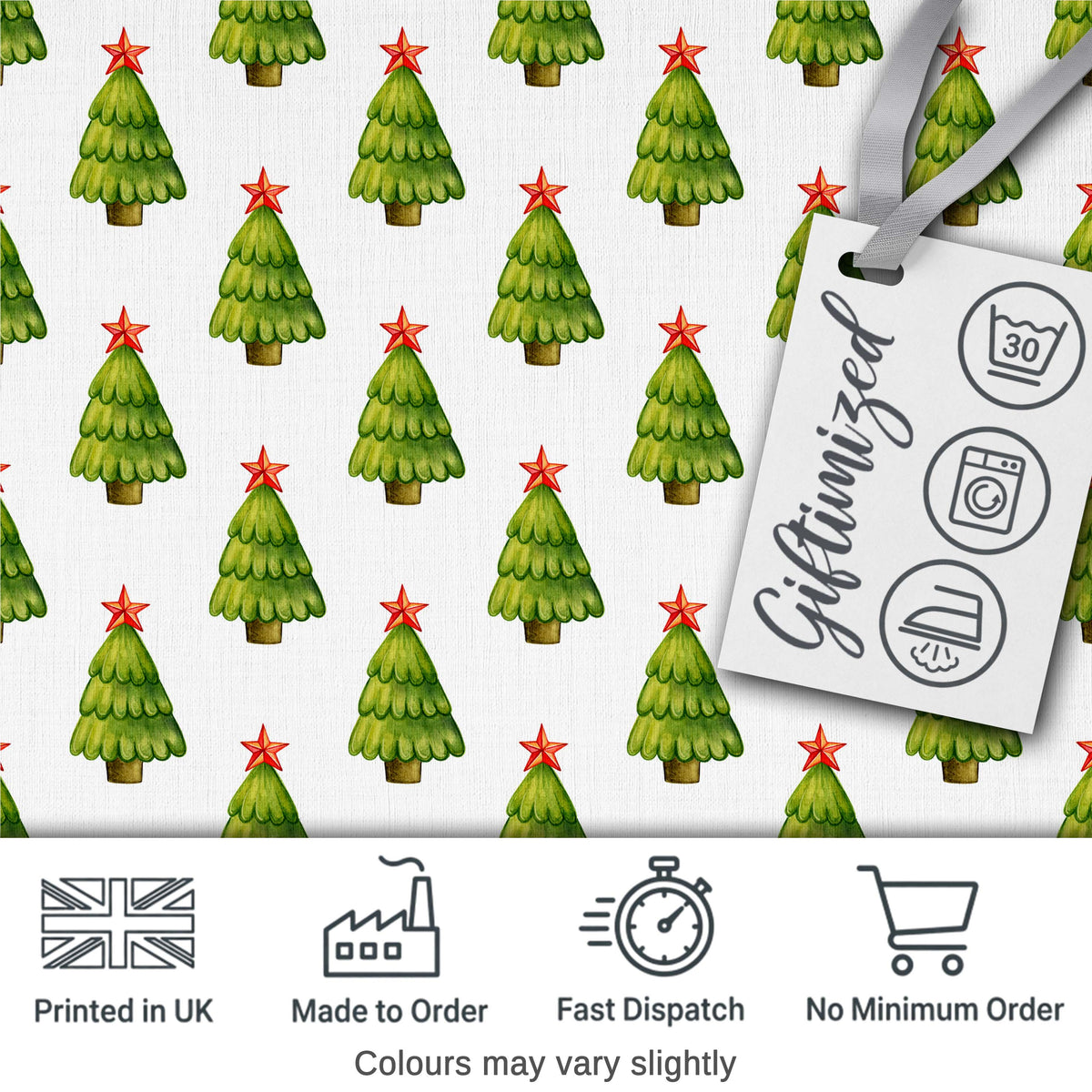 Watercolor Christmas Trees with Red Star Toppers Minimal Seamless Pattern Digital Print Fabric by the Metre UK Sewing Quilting Textile