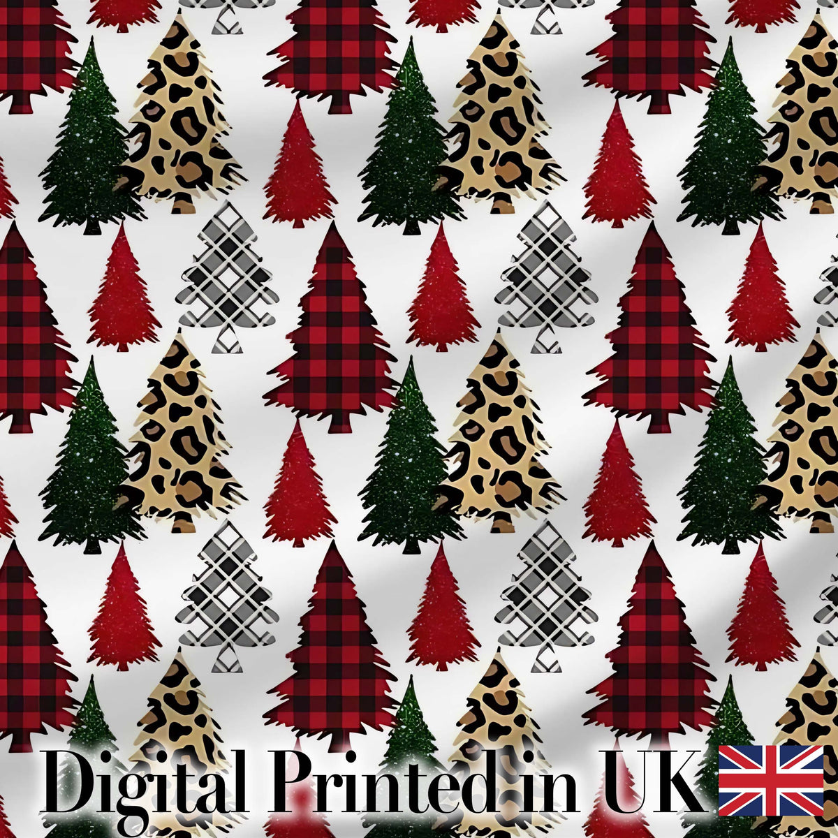 Trendy Christmas Trees in Plaid and Leopard Print Seamless Pattern Digital Print Fabric by the Metre UK Sewing Quilting Textile