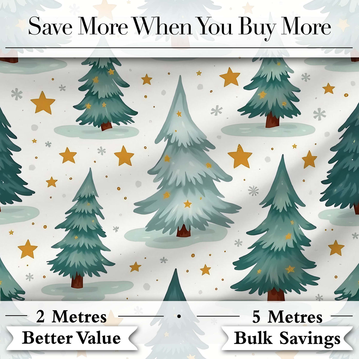 Winter Snowy Christmas Trees with Golden Stars Seamless Pattern Digital Print Fabric by the Metre UK Sewing Quilting Textile