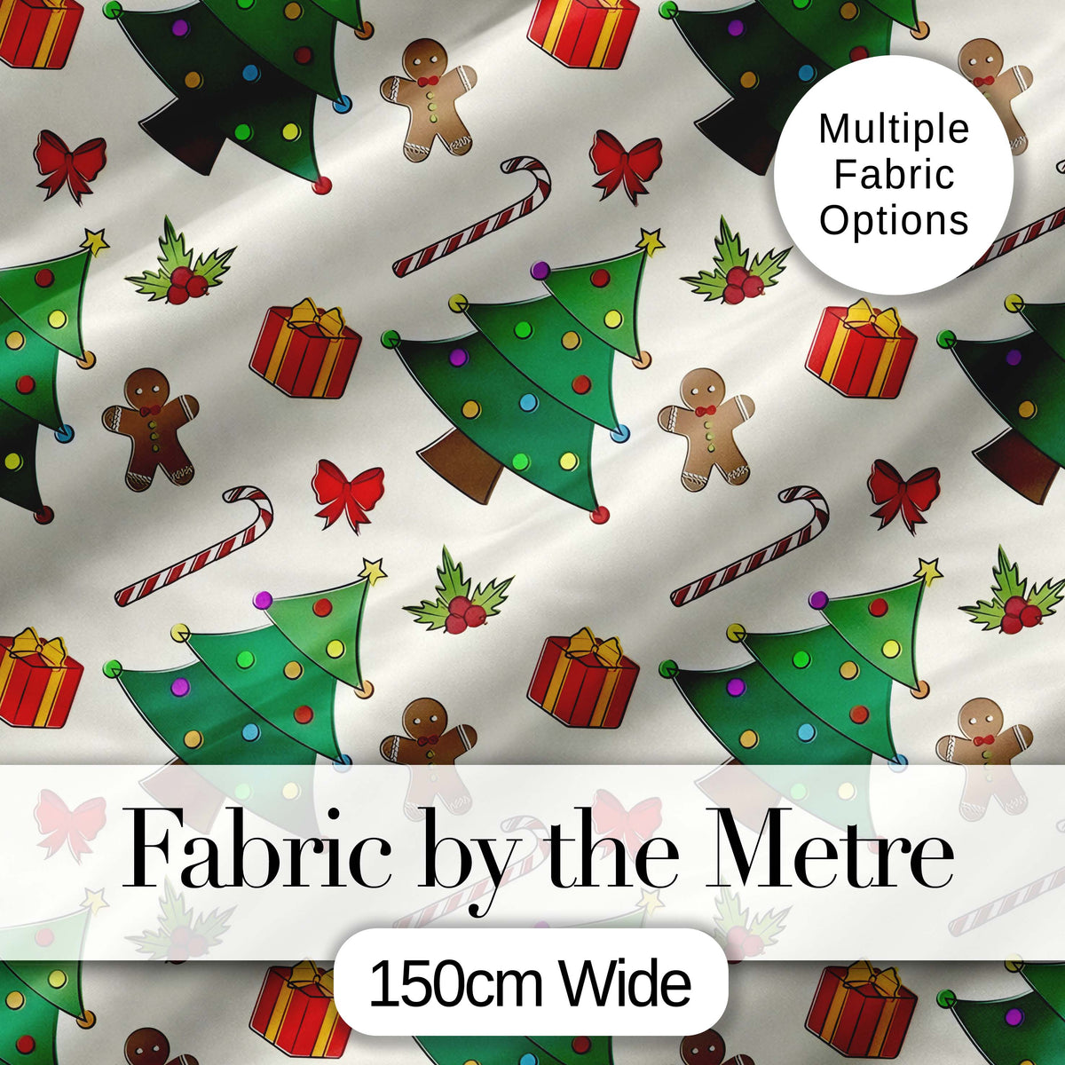 Cute Christmas Trees with Gifts Candy Canes and Gingerbread Seamless Pattern Digital Print Fabric by the Metre UK Sewing Quilting Textile