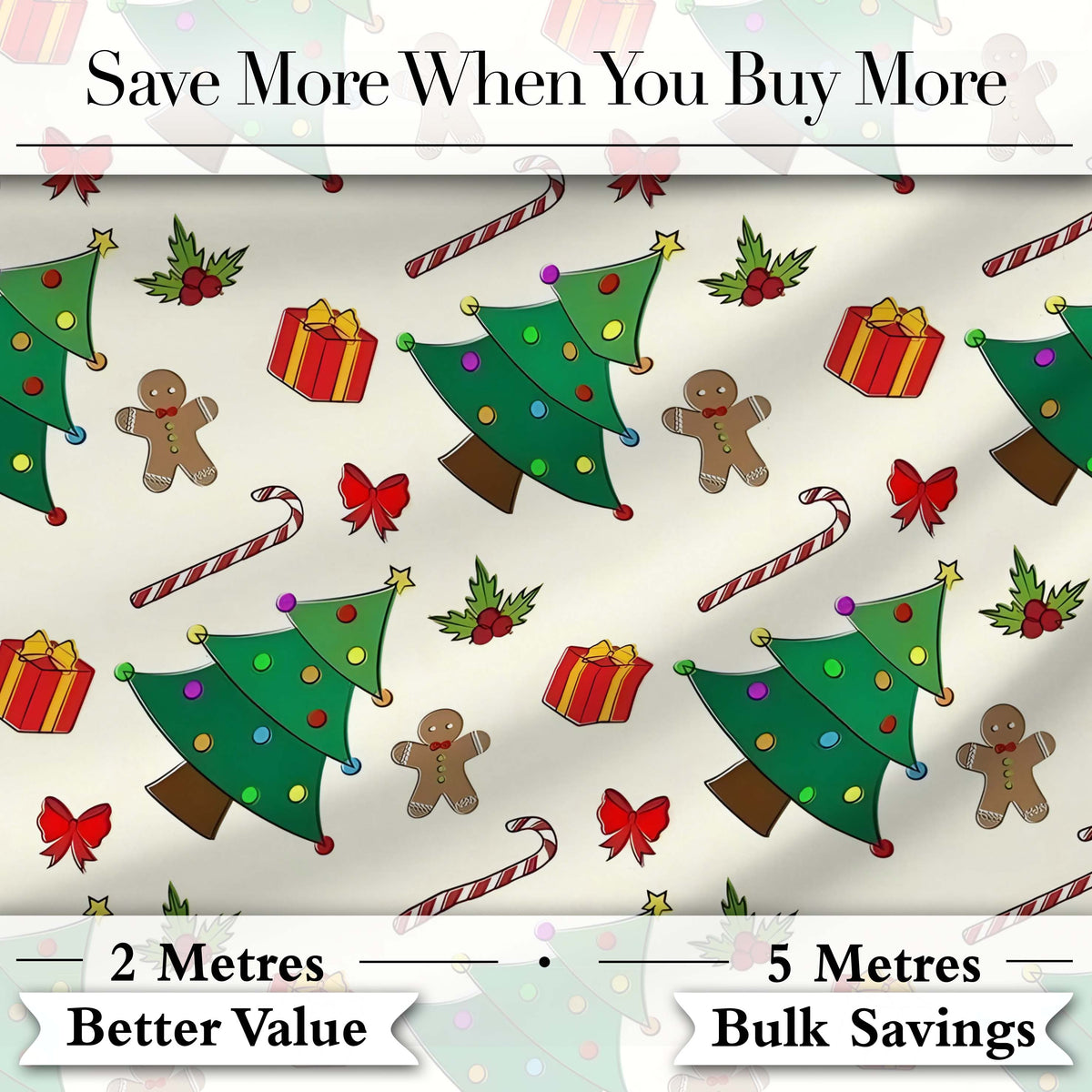 Cute Christmas Trees with Gifts Candy Canes and Gingerbread Seamless Pattern Digital Print Fabric by the Metre UK Sewing Quilting Textile