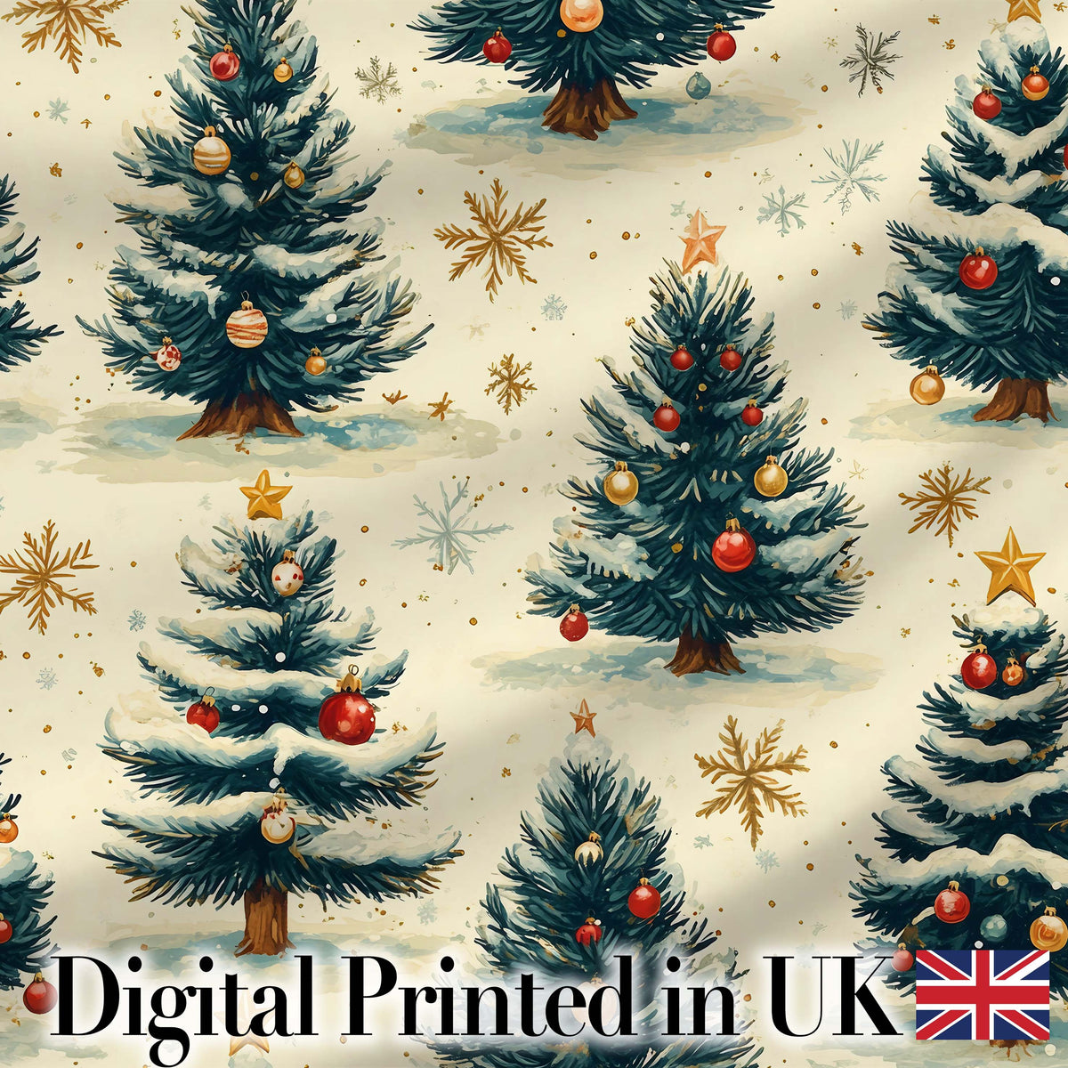 Watercolor Snowy Christmas Trees with Golden Snowflakes Seamless Pattern Digital Print Fabric by the Metre UK Sewing Quilting Textile