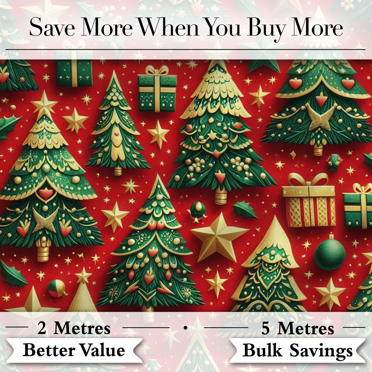 Festive Christmas Trees with Gifts Stars and Ornaments on Red Seamless Pattern Digital Print Fabric by the Metre UK Sewing Quilting Textile