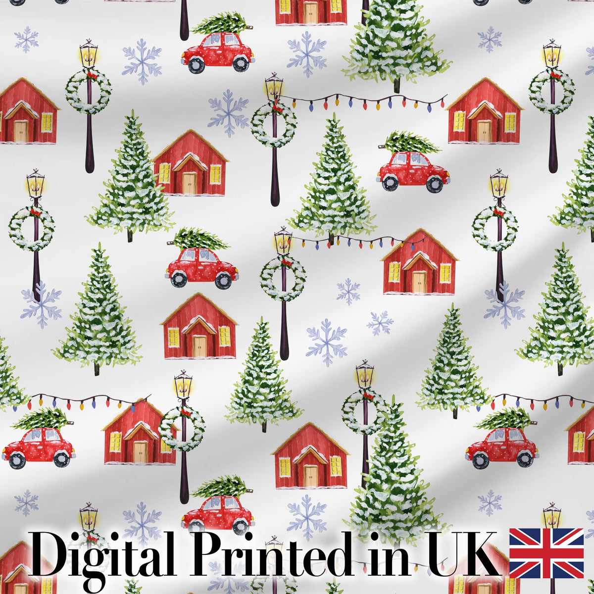 Winter Village with Red Houses Cars and Snowy Trees Seamless Pattern Digital Print Fabric by the Metre UK Sewing Quilting Textile