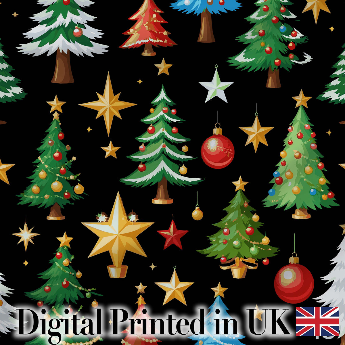 Christmas Trees with Golden Stars and Ornaments on Black Background Digital Print Fabric by the Metre UK Sewing Quilting Textile