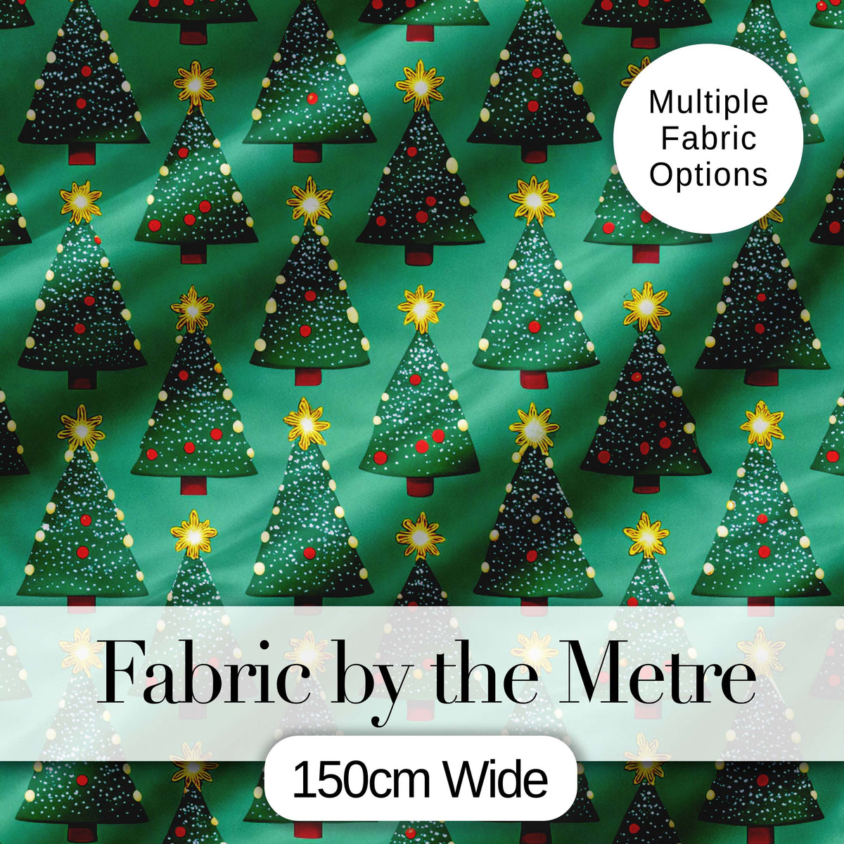 Festive Christmas Trees with Yellow Stars on Green Background Seamless Pattern Digital Print Fabric by the Metre UK Sewing Quilting Textile