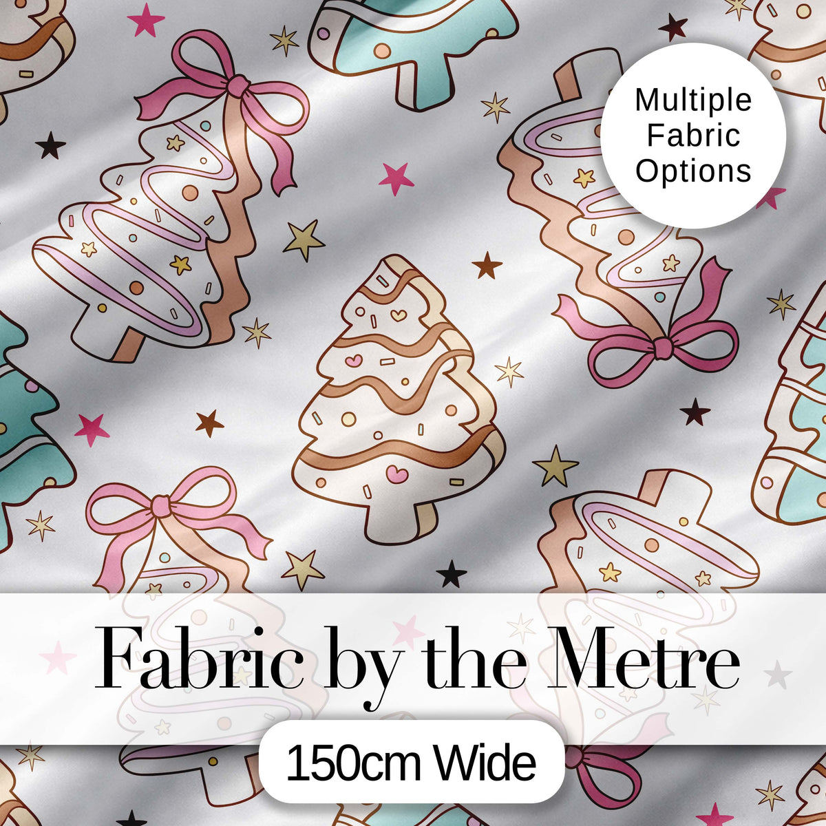 Cute Christmas Tree Cookies with Icing and Bows Sweet Festive Seamless Pattern Digital Print Fabric by the Metre UK Sewing Quilting Textile