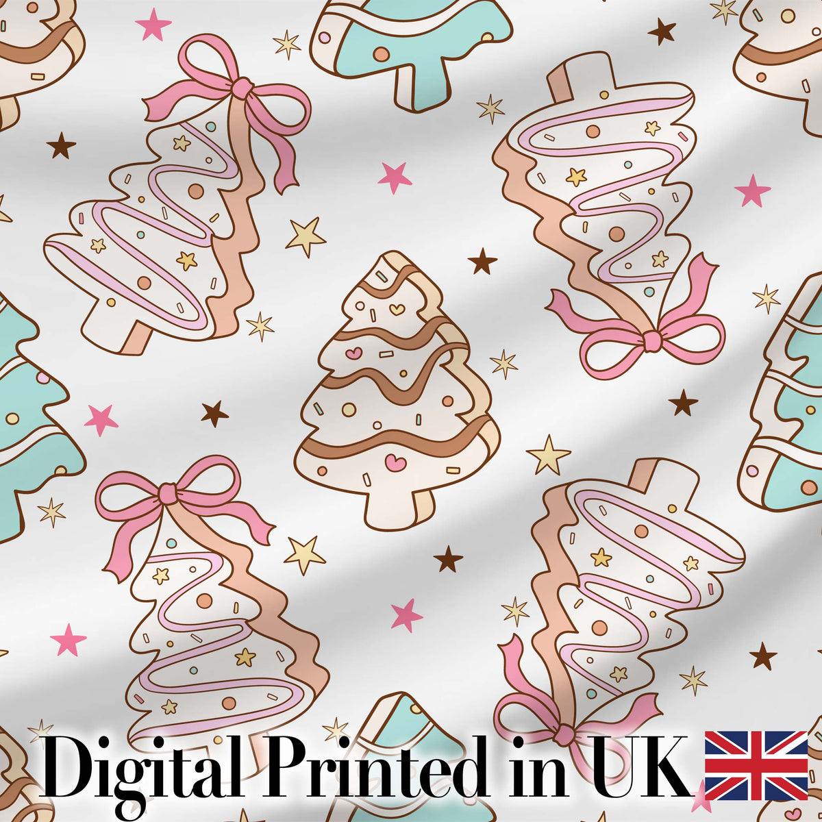 Cute Christmas Tree Cookies with Icing and Bows Sweet Festive Seamless Pattern Digital Print Fabric by the Metre UK Sewing Quilting Textile