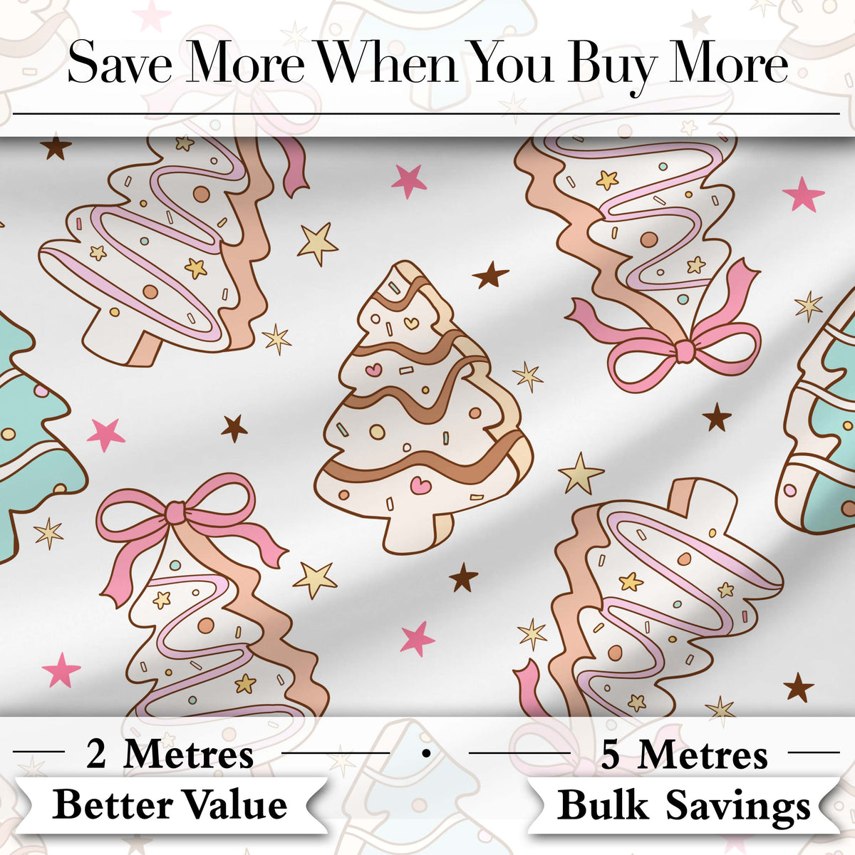 Cute Christmas Tree Cookies with Icing and Bows Sweet Festive Seamless Pattern Digital Print Fabric by the Metre UK Sewing Quilting Textile
