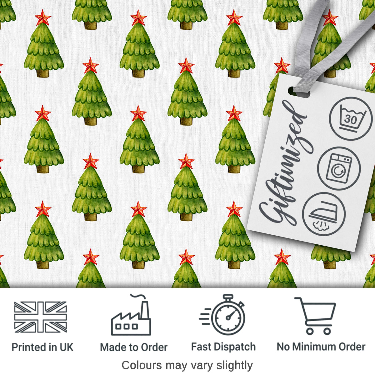 Watercolor Christmas Trees with Red Star Toppers Festive Seamless Pattern Digital Print Fabric by the Metre UK Sewing Quilting Textile