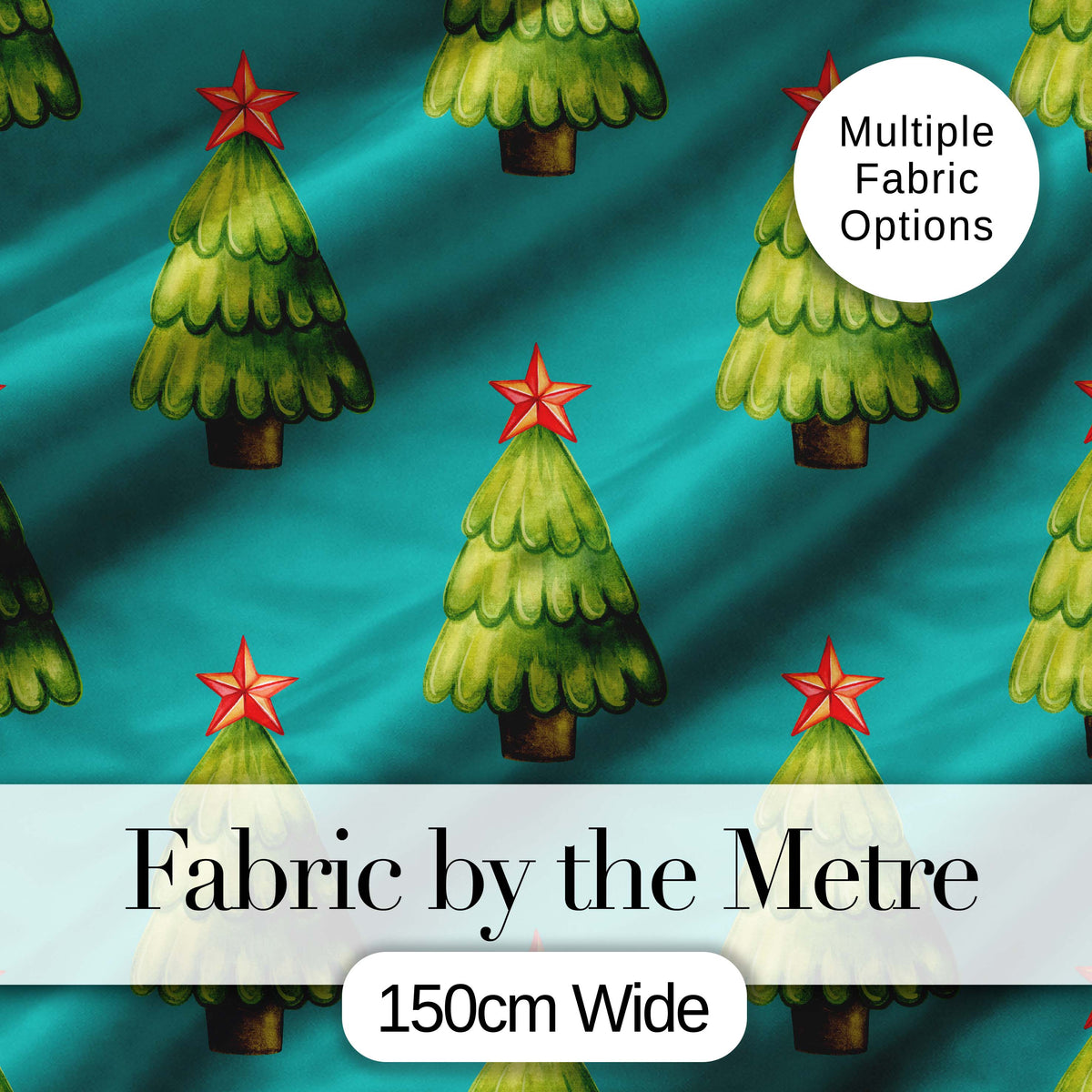 Watercolor Christmas Trees with Red Star on Teal Background Seamless Pattern Digital Print Fabric by the Metre UK Sewing Quilting Textile