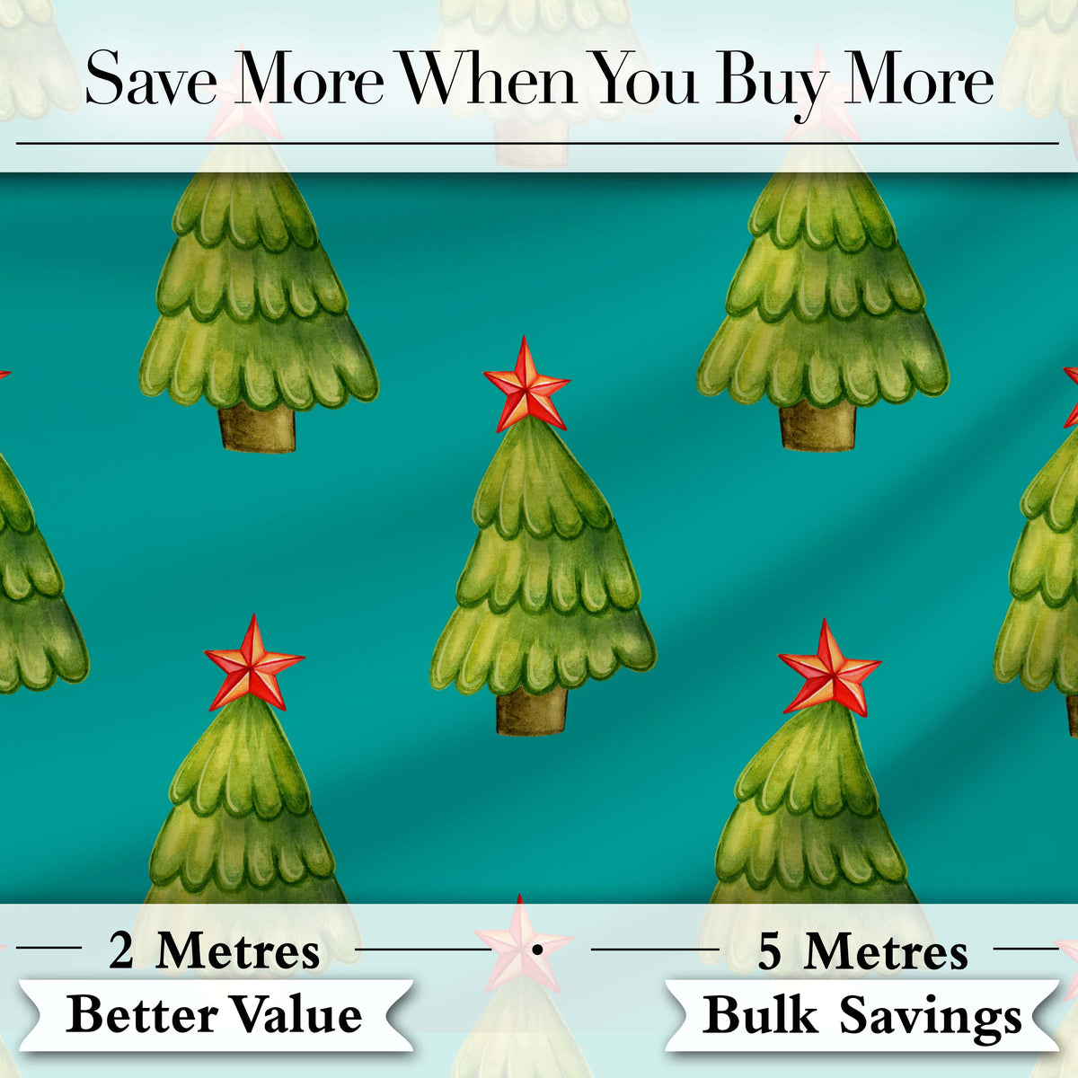 Watercolor Christmas Trees with Red Star on Teal Background Seamless Pattern Digital Print Fabric by the Metre UK Sewing Quilting Textile