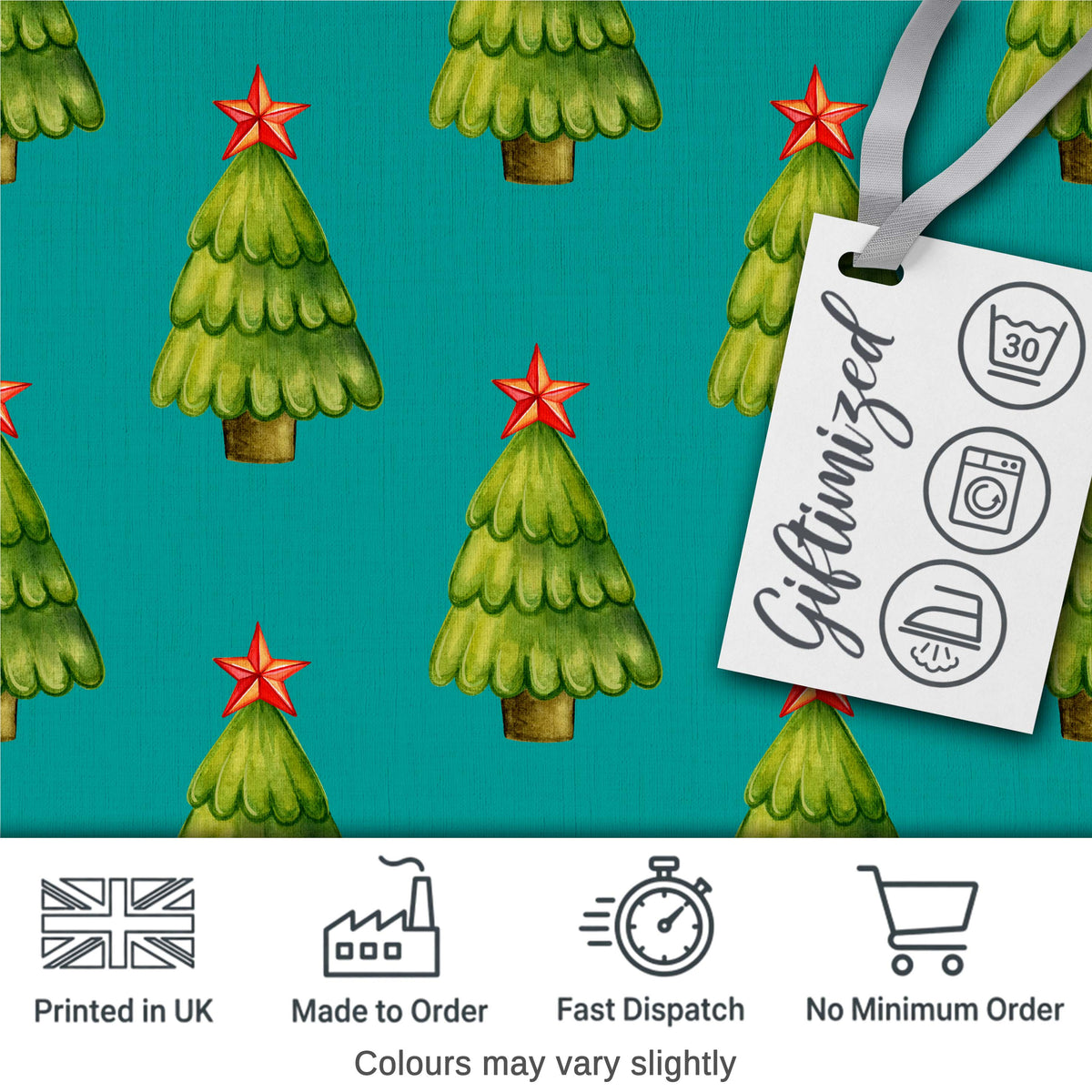 Watercolor Christmas Trees with Red Star on Teal Background Seamless Pattern Digital Print Fabric by the Metre UK Sewing Quilting Textile