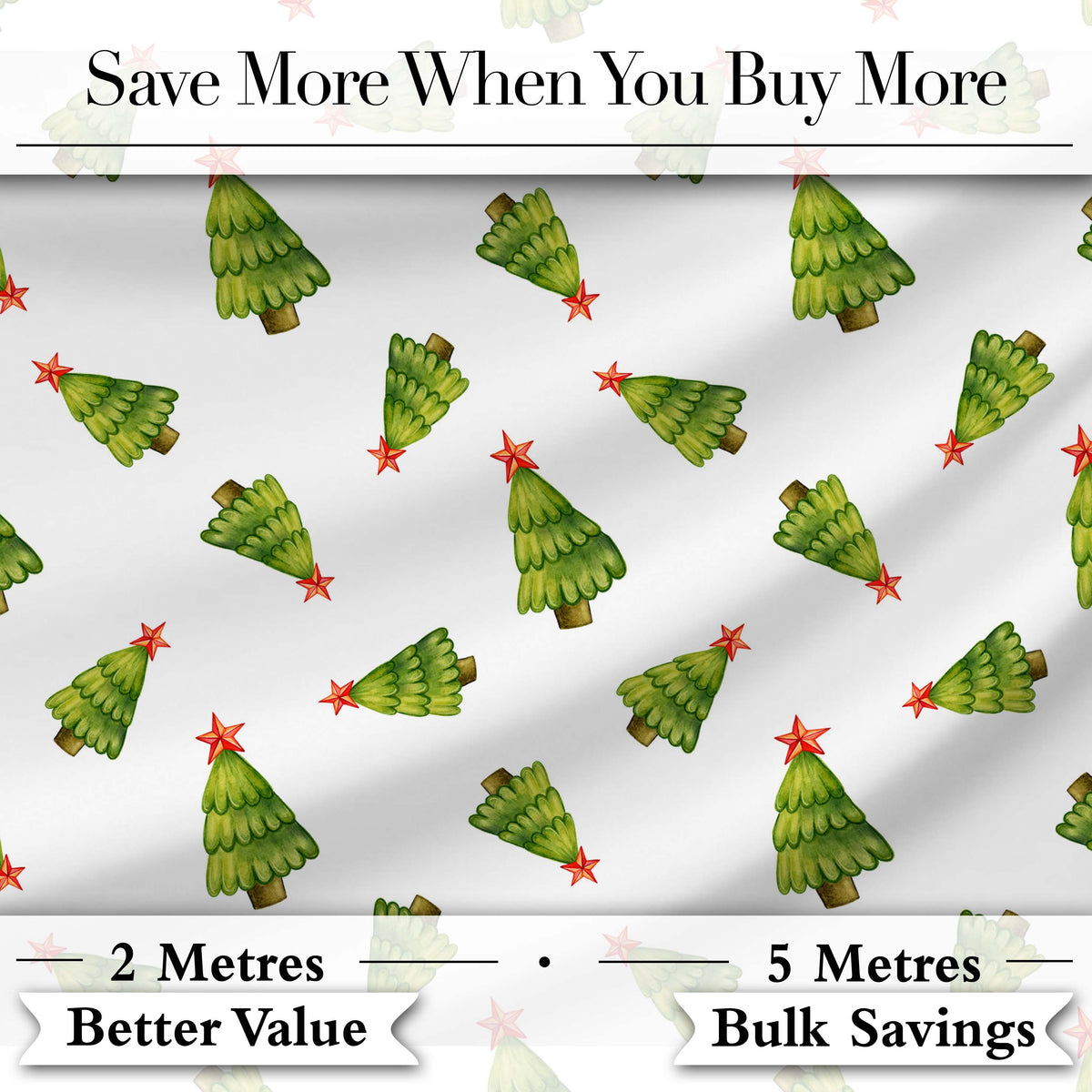Watercolor Christmas Trees with Red Star Tossed Layout Seamless Pattern Digital Print Fabric by the Metre UK Sewing Quilting Textile
