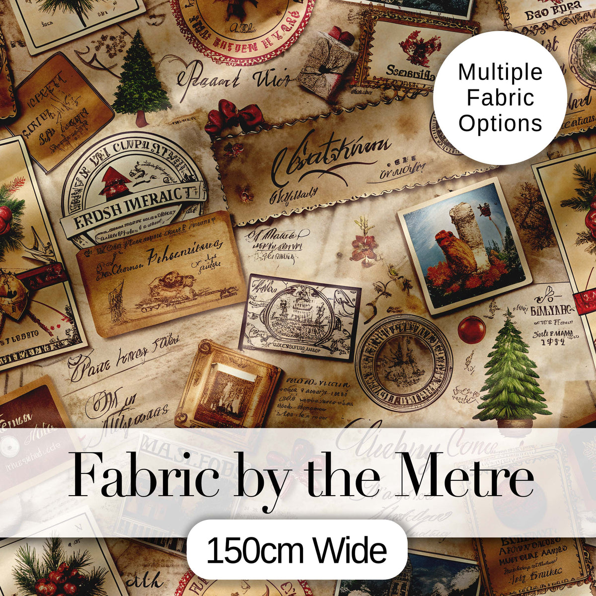 Vintage Christmas Ephemera with Letters Stamps and Holiday Motifs Digital Print Fabric by the Metre UK Sewing Quilting Textile