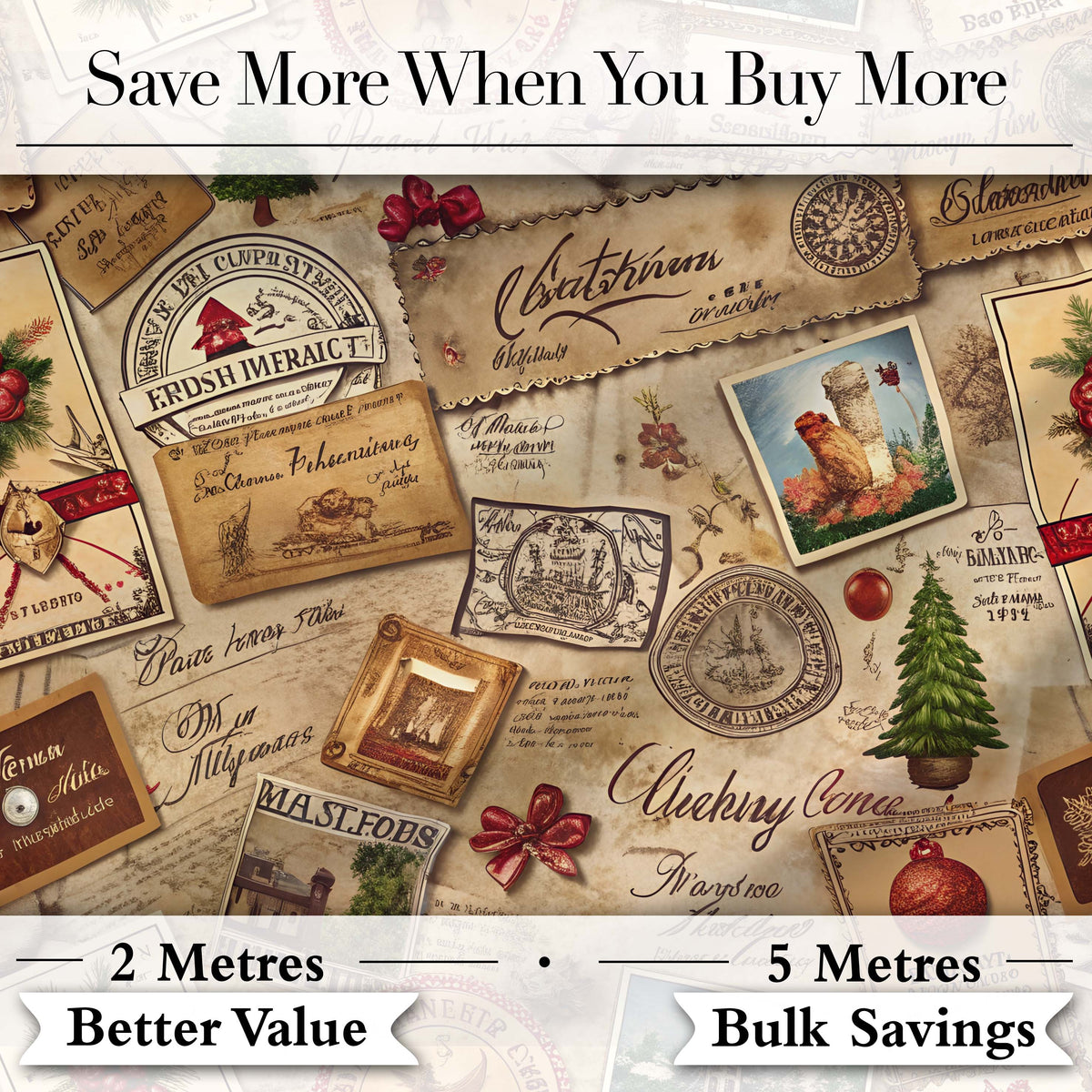 Vintage Christmas Ephemera with Letters Stamps and Holiday Motifs Digital Print Fabric by the Metre UK Sewing Quilting Textile
