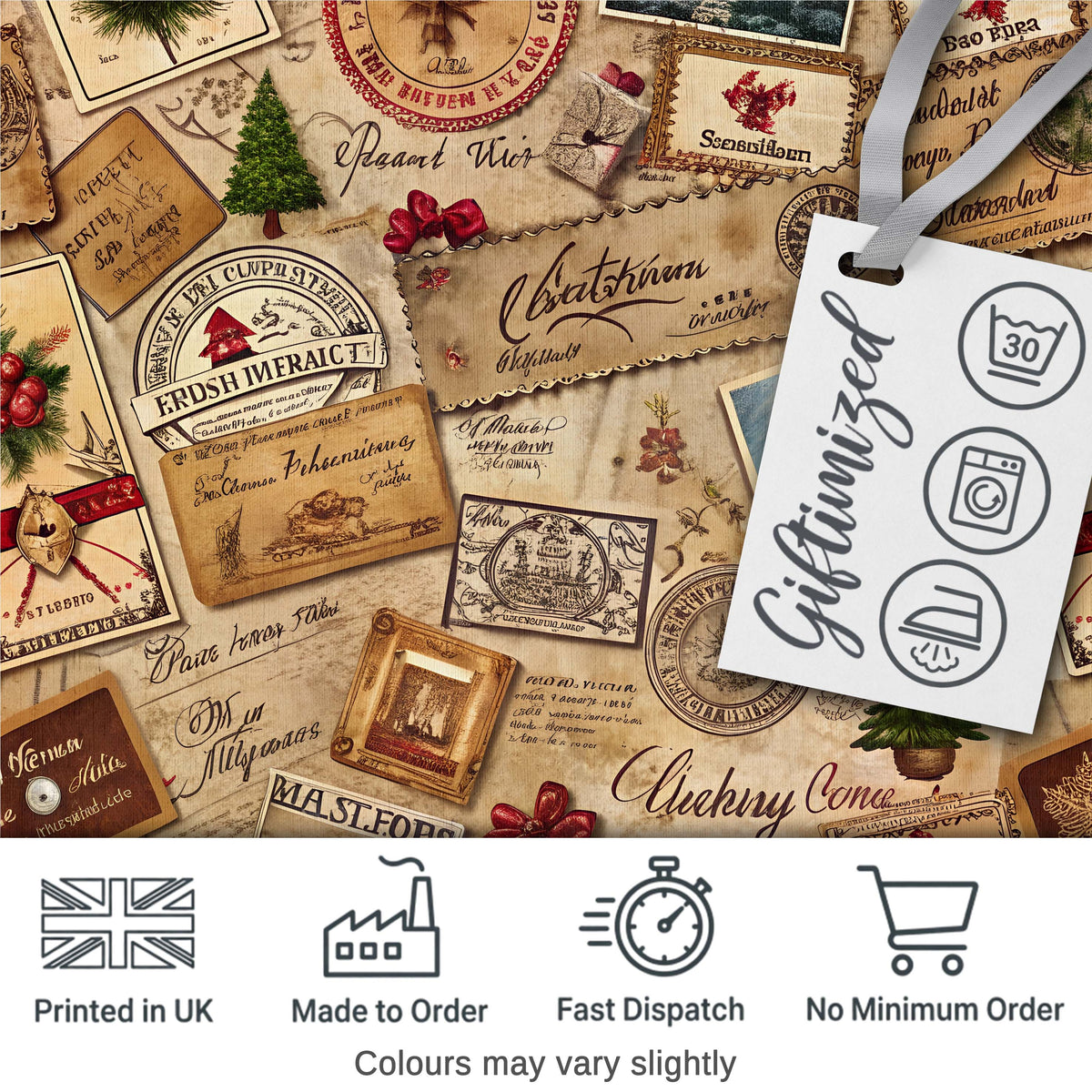 Vintage Christmas Ephemera with Letters Stamps and Holiday Motifs Digital Print Fabric by the Metre UK Sewing Quilting Textile
