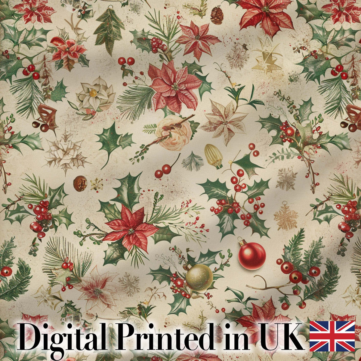 Vintage Christmas Ornaments with Leaves and Berries Seamless Pattern Digital Print Fabric by the Metre UK Sewing Quilting Textile