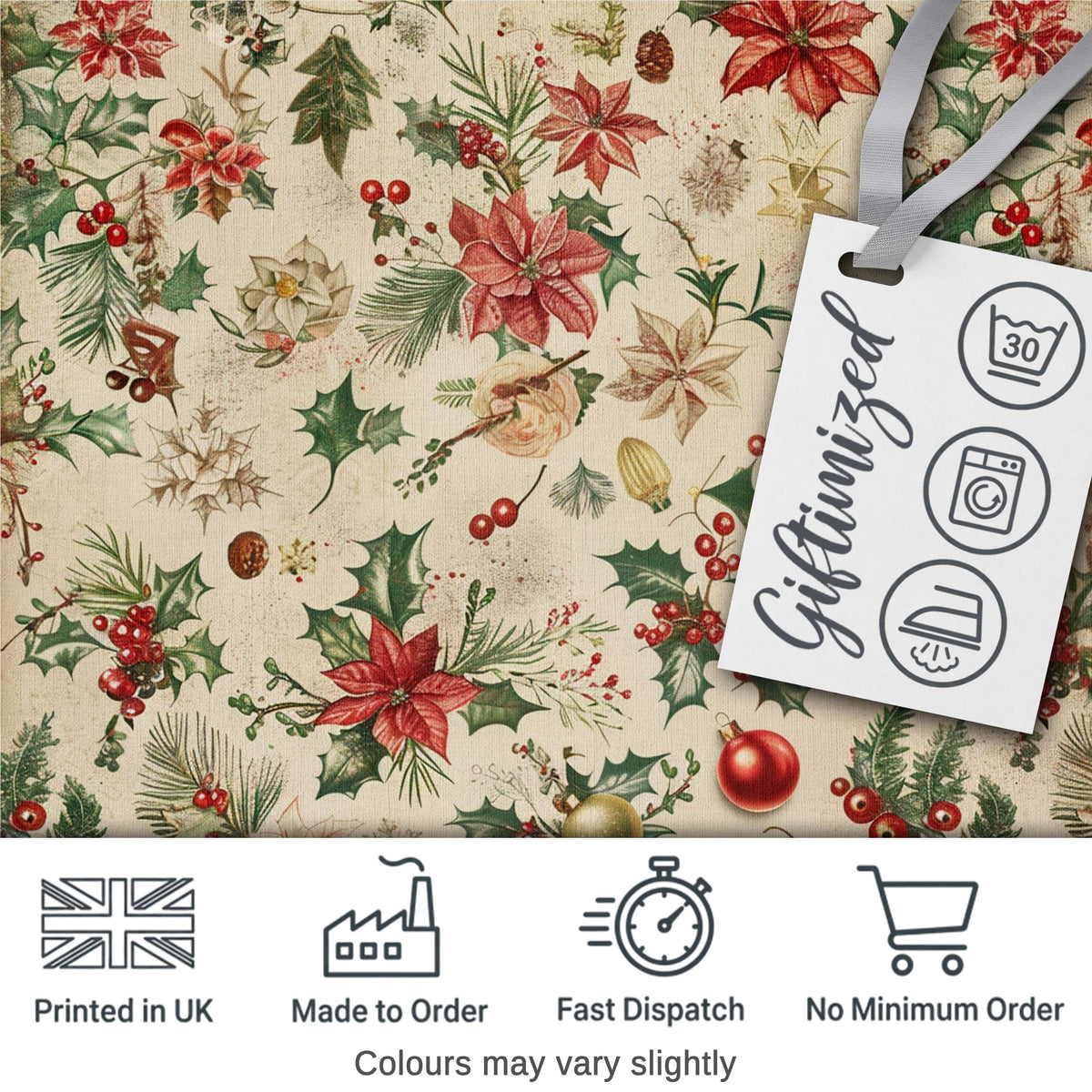Vintage Christmas Ornaments with Leaves and Berries Seamless Pattern Digital Print Fabric by the Metre UK Sewing Quilting Textile